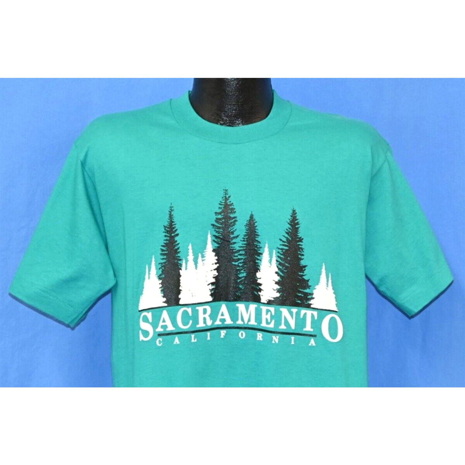 image of Fruit Of The Loom Vintage 90's Sacramento California Trees Evergreens Puffy Paint T-Shirt Medium M 