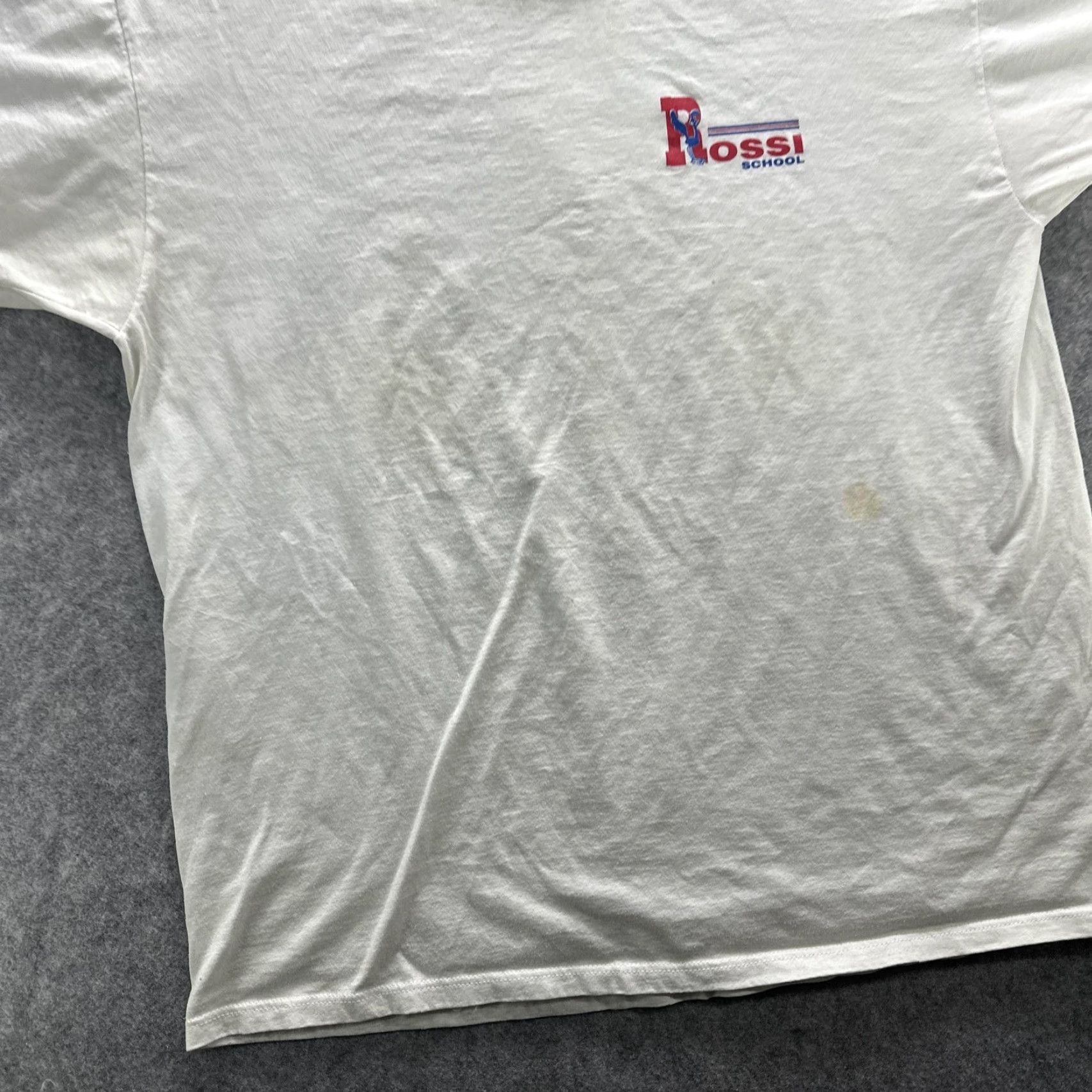Jerzees VINTAGE Rossi School Shirt Mens Large White Jerzees 50/50 Graphic Made USA 90s Size US L / EU 52-54 / 3 - 4 Thumbnail