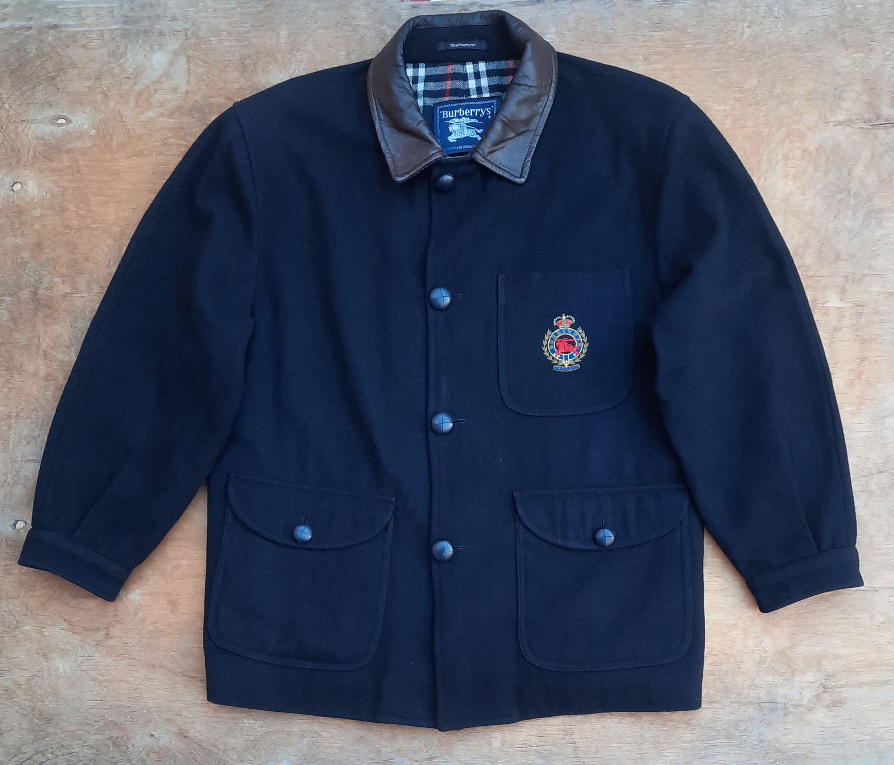 Burberry Burberrys 90s 80s Wool Coat Embroidered Logo Leather collar Size US L / EU 52-54 / 3 - 1 Thumbnail