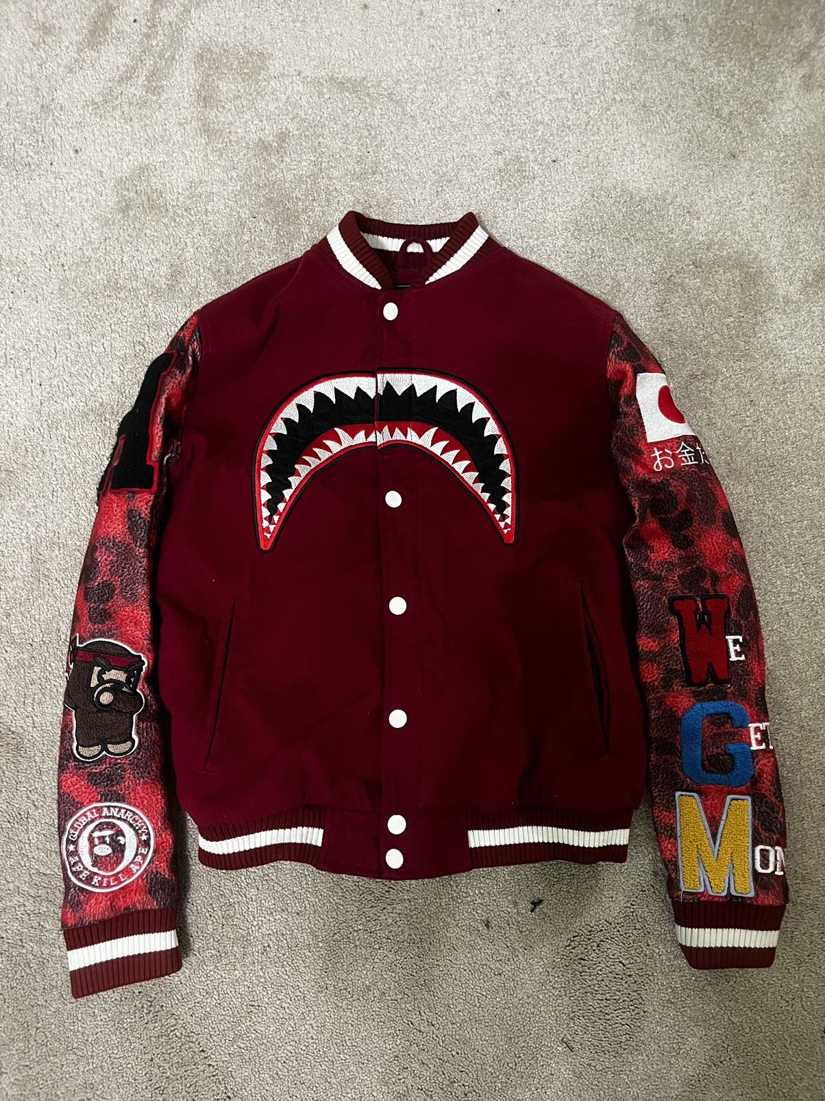 image of Hudson Outerwear We Killed Ape Shark Varsity Camo Bomber Jacket in Red, Men's (Size Small)