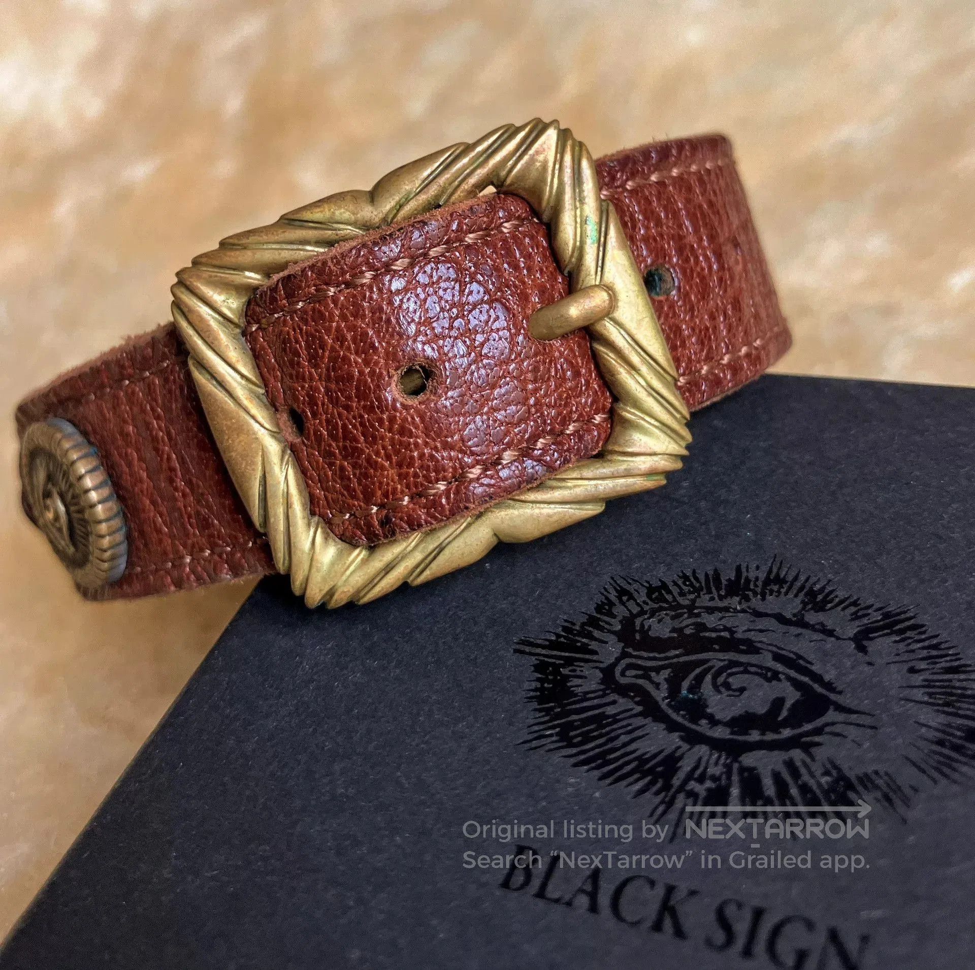 Vintage Handmade Leather Bracelet with Brass Buckle. Size ONE SIZE - 3 Thumbnail