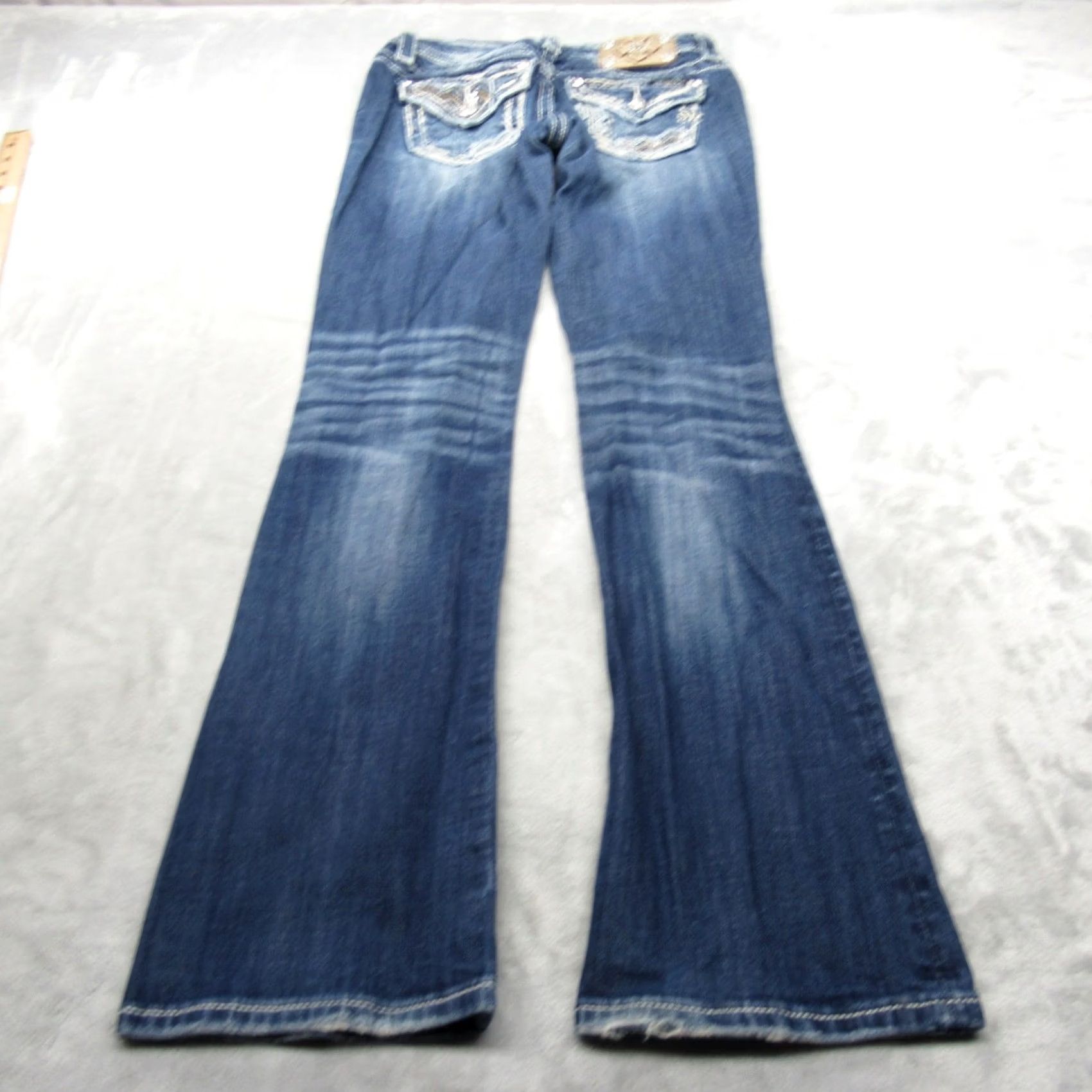 Miss Me Miss Me Jeans Women Bootcut Denim 28x32 Dark Blue Embroidered Rhinestone Pockets Stretch Comfort Relaxed Baggy Leadin Size 28" / US 6 / IT 42 - 3 Thumbnail