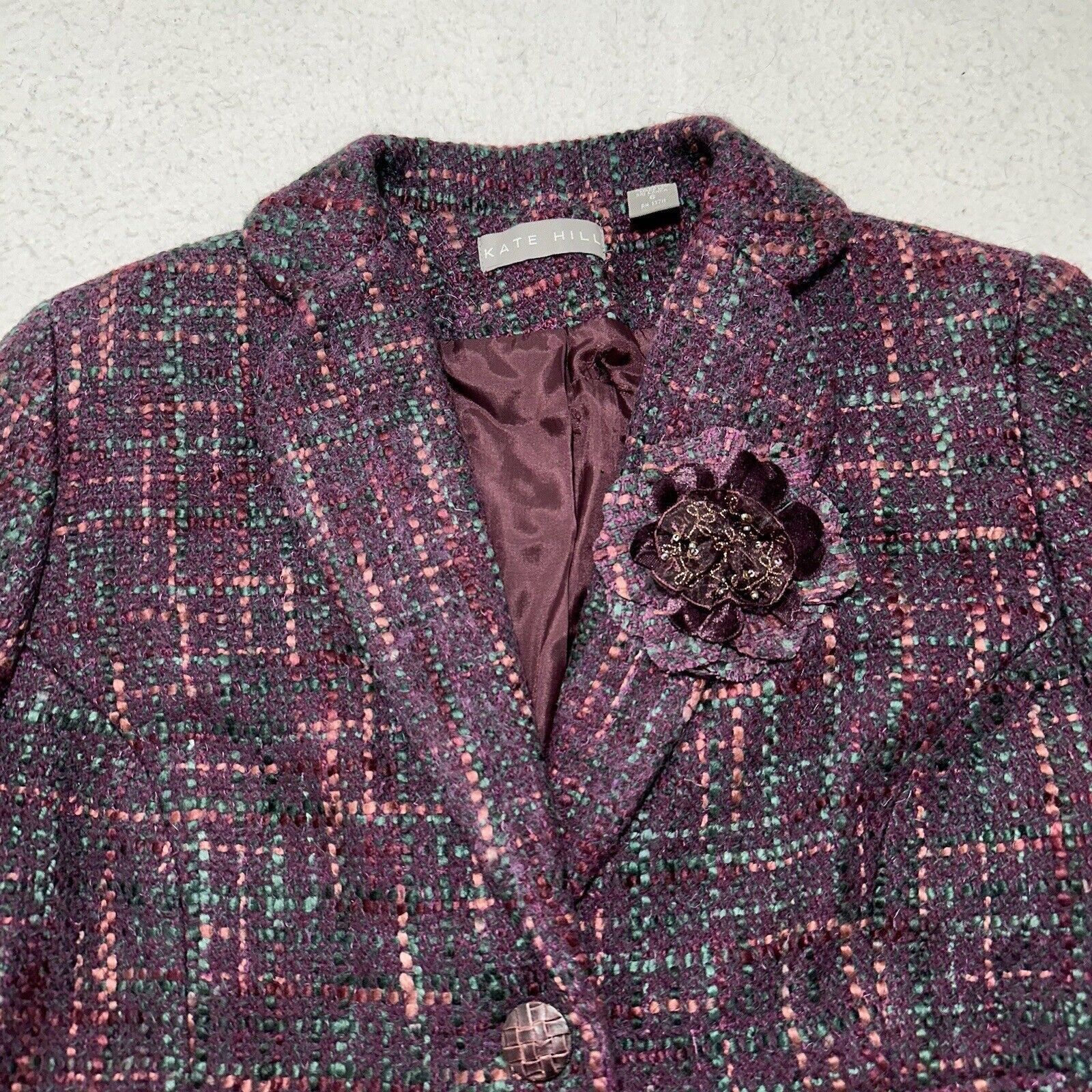 Other Kate Hill 6 Wool Blazer Purple Wooden Button Front Flower Size M / US 6-8 / IT 42-44 - 2 Thumbnail