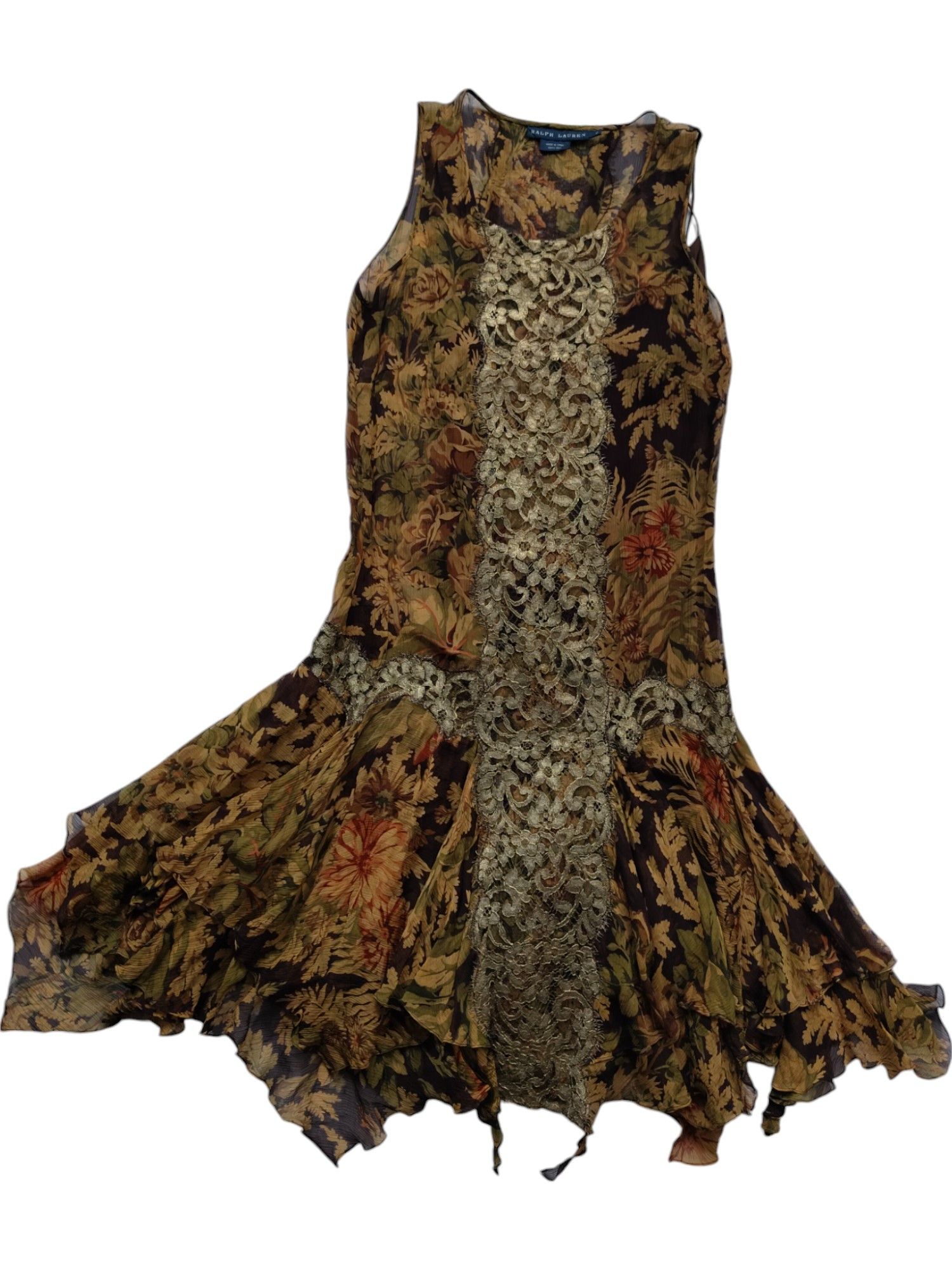 Ralph Lauren Floral Overall Printed Silk Dress With Gold Lace Detail Size XS / US 0-2 / IT 36-38 - 1 Thumbnail