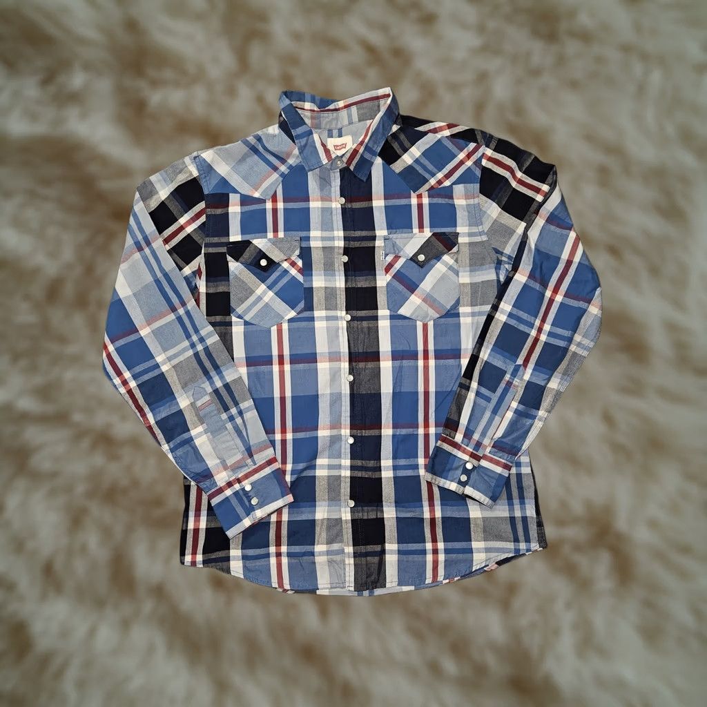 Levi's Levis Shirt Mens Large Blue Red Plaid Pearl Snap Western Long Sleeve Cowboy Size US L / EU 52-54 / 3 - 1 Thumbnail