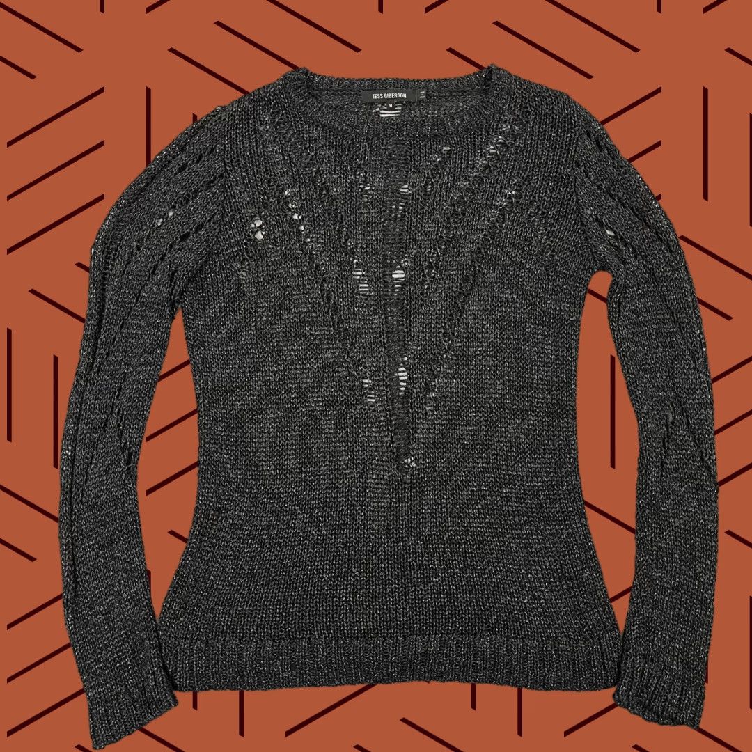 Vintage Tess Giberson Sweater Women Medium Black Shimmer Stretch Open Knit Crew Pullover Size M / US 6-8 / IT 42-44 - 1 Thumbnail