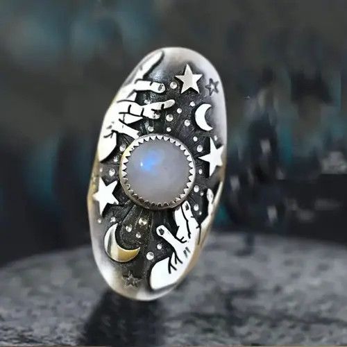 Other × Vintage Retro Oval Moon Star Pattern Ring Size ONE SIZE - 1 Thumbnail