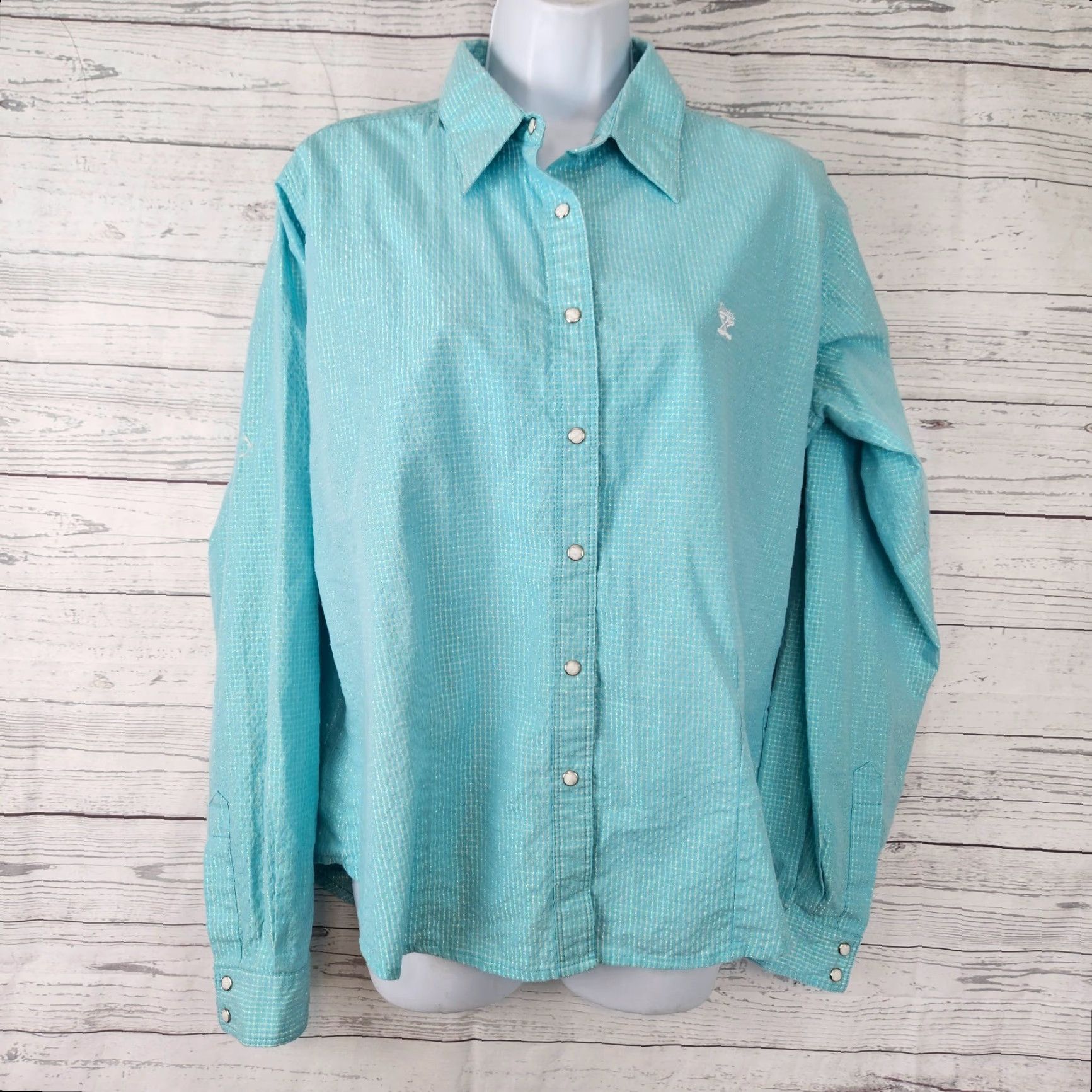 Vintage Twenty X Womens Pearl Snap Shirt XL Blue Long Sleeve Cotton Blend Shirt XS? Wait. Size XL / US 12-14 / IT 48-50 - 2 Thumbnail