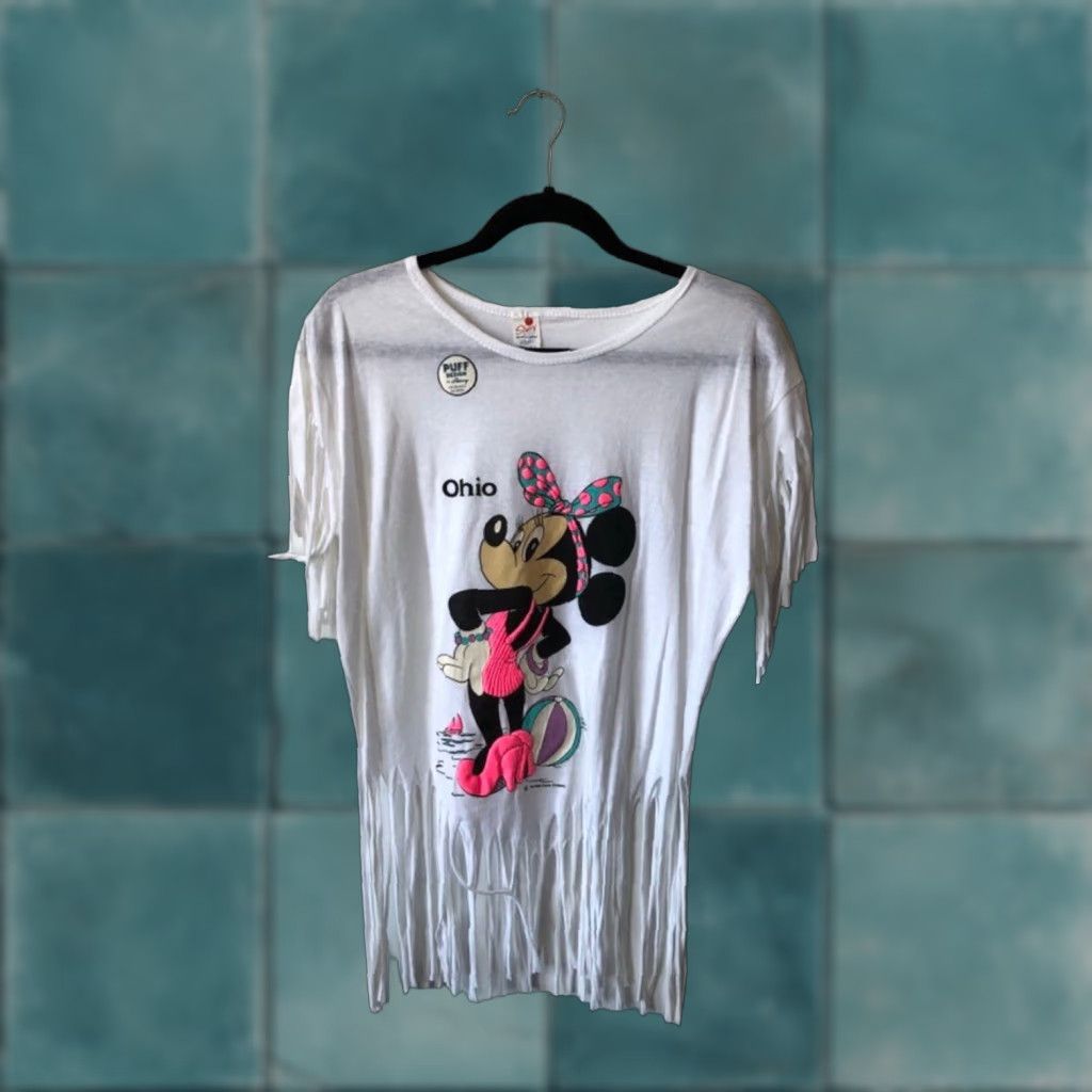 Vintage VINTAGE Minnie Mouse Ohio Fringe T-Shirt Womens OSFA White 90s Disney USA Made Deadstock NWOT Sherry Fringe Sleeve Graphic Print Size ONE SIZE - 1 Thumbnail
