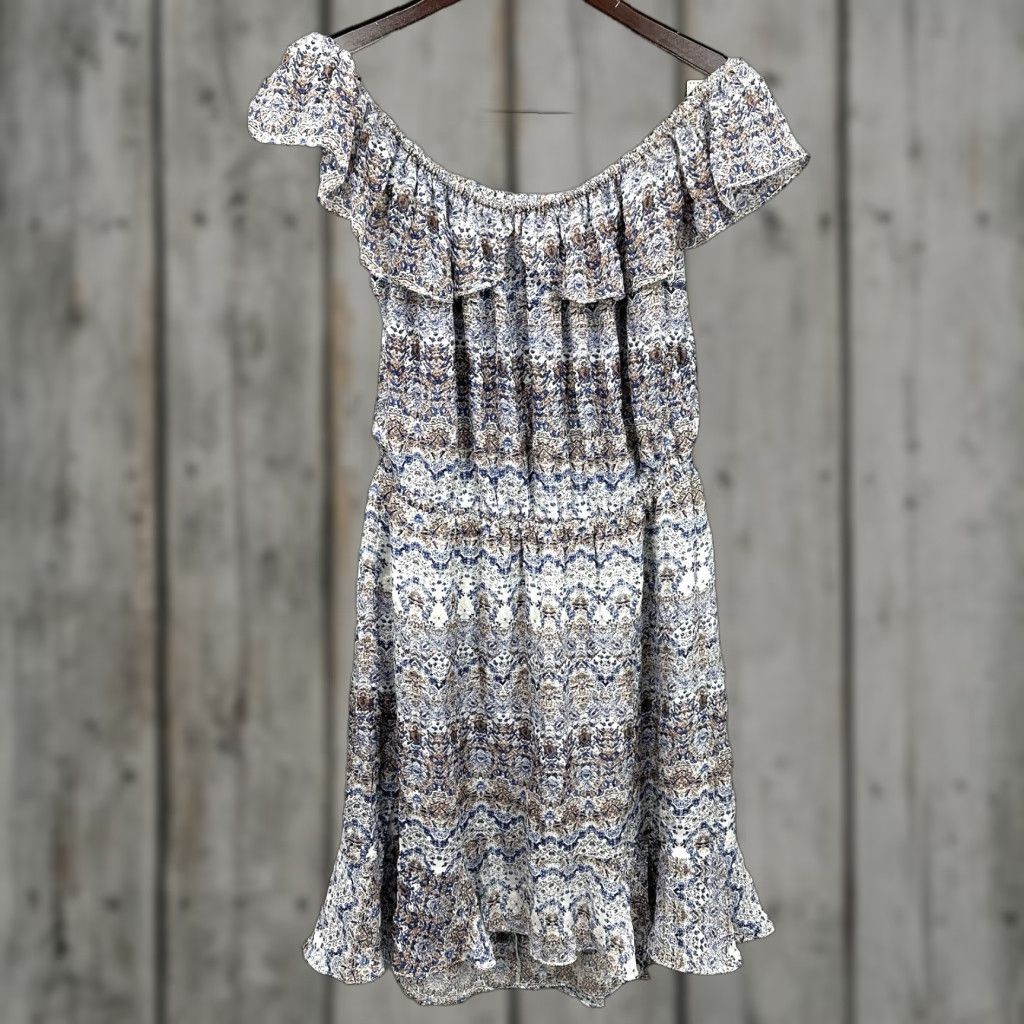 L'AGENCE L'AGENCE Floral Silk Dress Women Large Off Shoulder Ruffle Casual Blue A-Line Bohemian Size L / US 10 / IT 46 - 1 Thumbnail