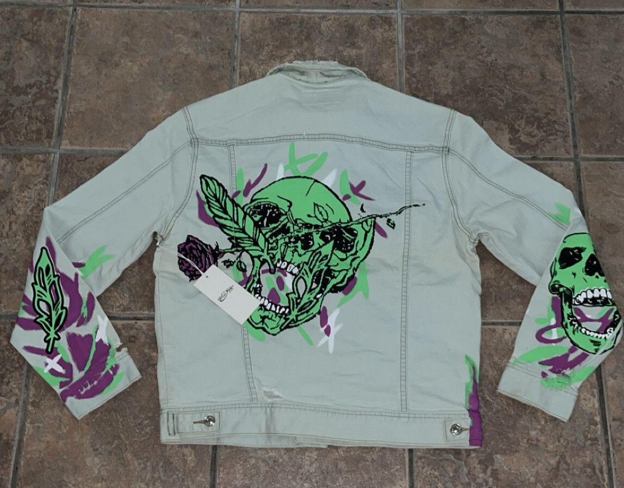 Designer Green and purple flame graphic denim jacket Size US L / EU 52-54 / 3 - 4 Thumbnail