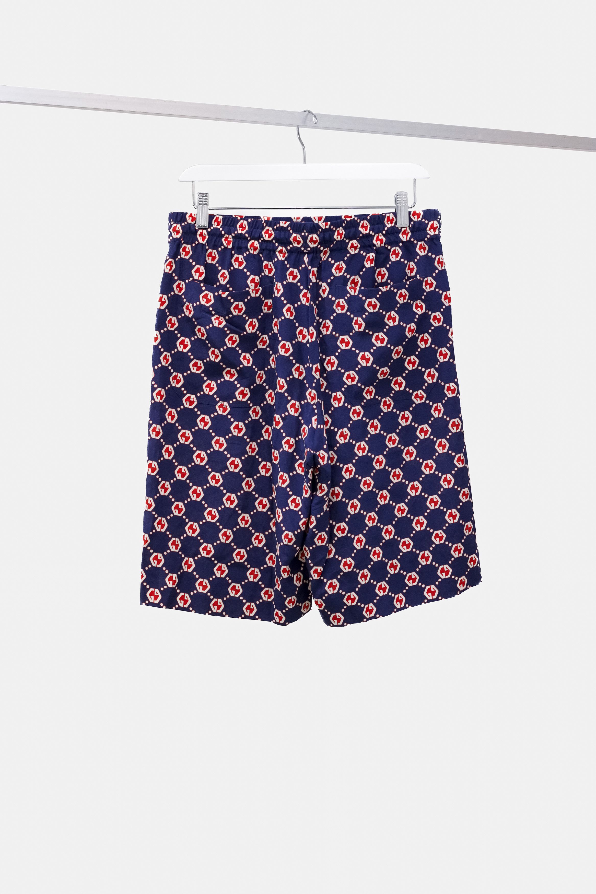 image of Gucci Navy And Red Monogram Silk Shorts, Men's (Size 30)