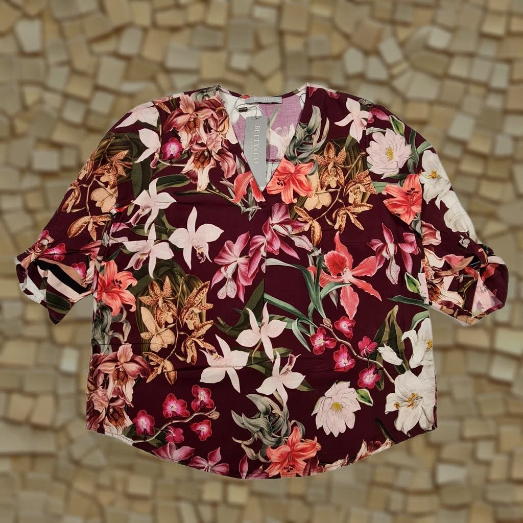 CO Betty & Co Blouse Burgundy Red 16 UK Floral 3/4 Sleeves V-Neck Logo Jersey Viscose Womens Blouse Size XXL / US 16-18 / IT 52-54 - 1 Thumbnail