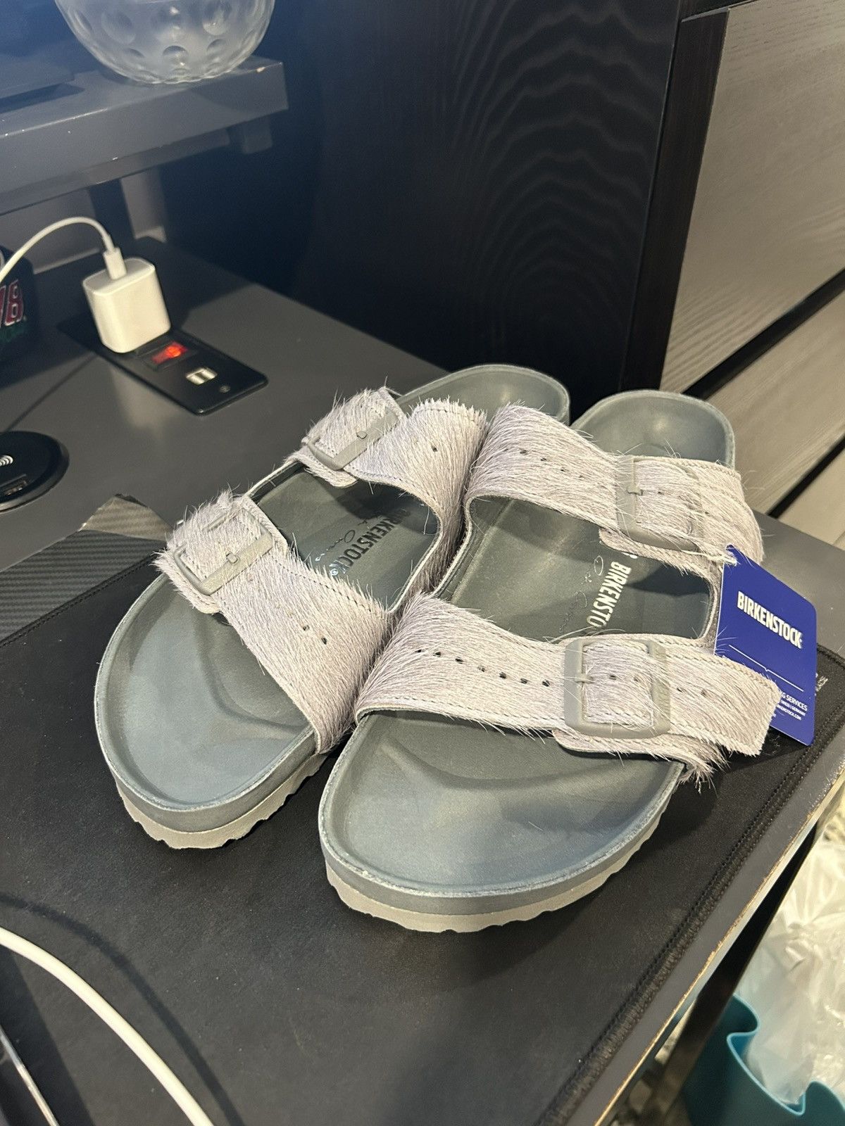 Grey rick owens birkenstock fur arizonas
