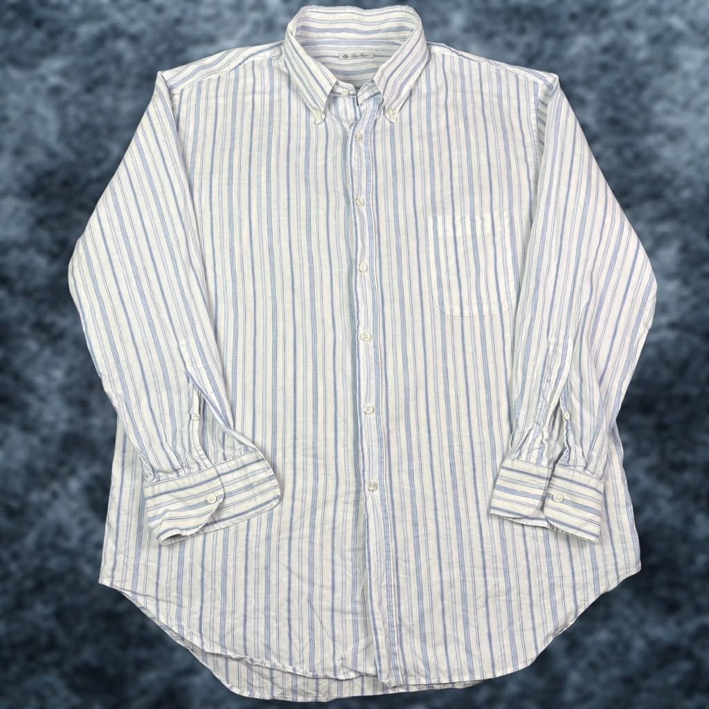 Loro Piana Loro Piana Shirt Mens 18/45 White Blue Striped Linen Blend Long Sleeve Pocket Button-Up Shirt Mens 2XL Blue Size US XXL / EU 58 / 5 - 1 Thumbnail