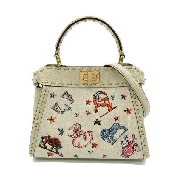 image of Fendi Mini Peekaboo Leather Handbag in White, Women's