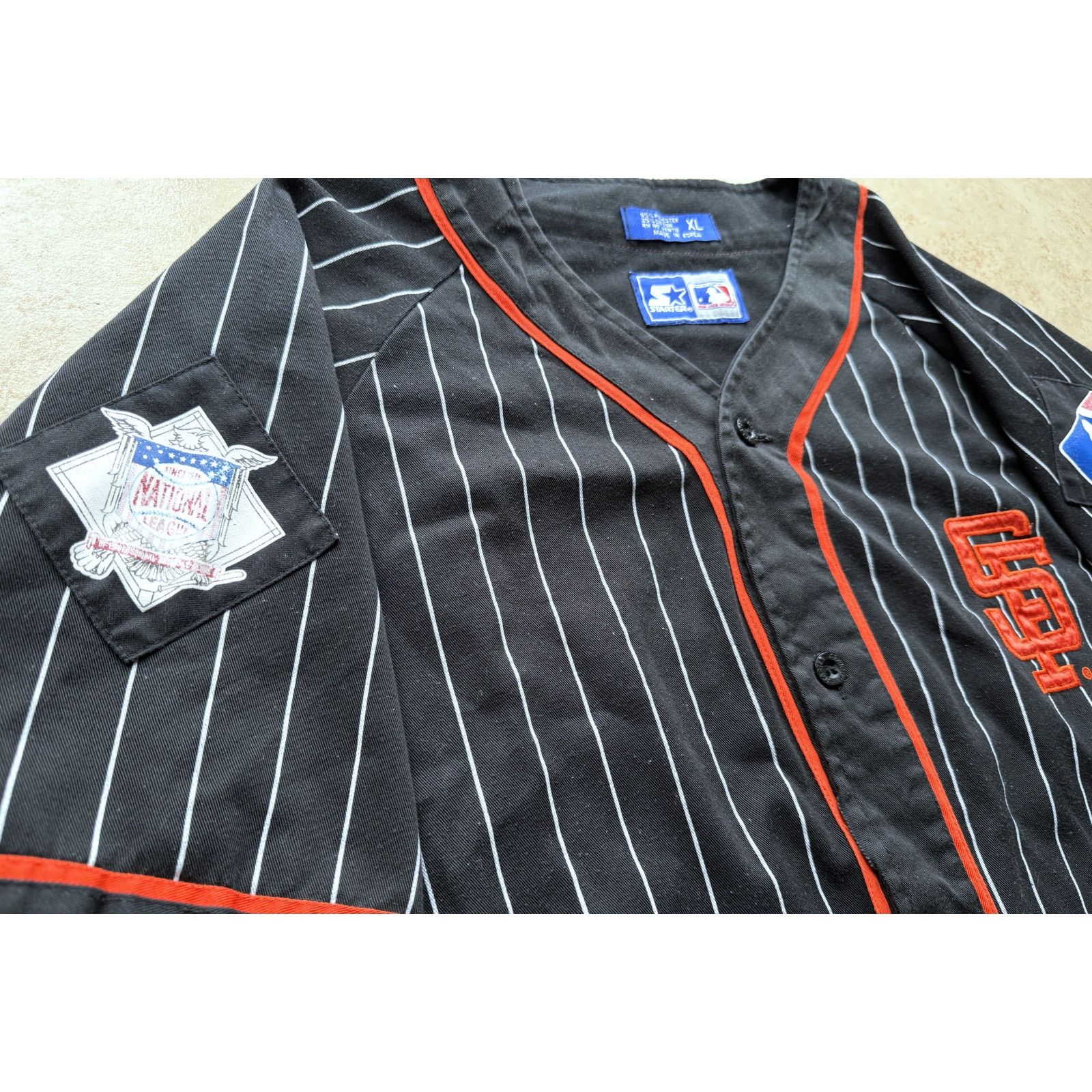 MLB × Starter SF Giants 90s STARTER jersey XL black Pinstripe baseball vtg Size US XL / EU 56 / 4 - 6 Thumbnail