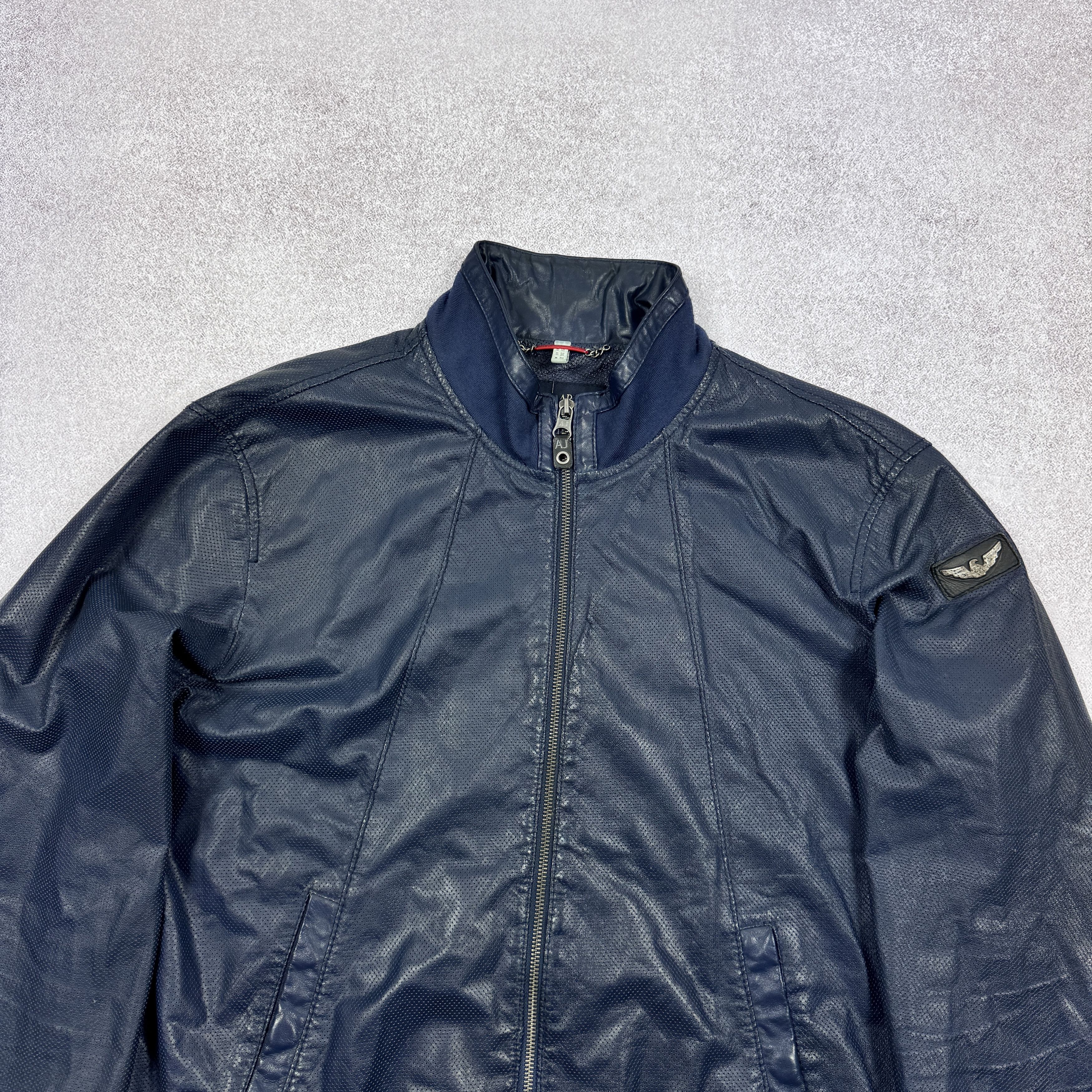 Armani Men`s Armani Jeans Navy Perforated Leather Jacket Size 3XL Size US XXL / EU 58 / 5 - 5 Thumbnail