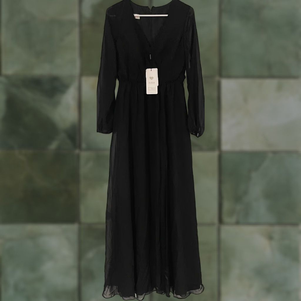 Vintage JJ’s House A-Line V-Neck Maxi Chiffon Bridesmaid Dress Black Bow Pleated Sz 4 Womens Size ONE SIZE - 1 Thumbnail