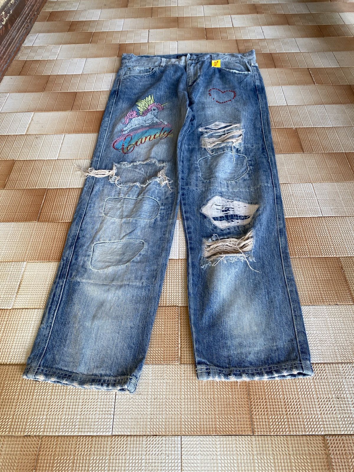 Beauty Beast × PPFM Vintage candy stripper slim cut distressed denim Size US 33 - 1 Thumbnail