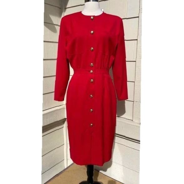 Valentino VINTAGE Valentino Miss V Red Wool Gold Button Front Dress 10 Women Pencil Dress Sheath Knee Length Modest 90s Mens? Size L / US 10 / IT 46 - 6 Thumbnail