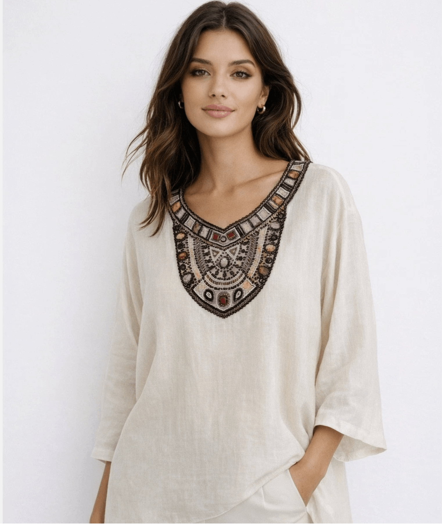 Lafayette 148 Lafayette 148 Cream Beaded Embellished Tunic Top Size M / US 6-8 / IT 42-44 - 1 Thumbnail
