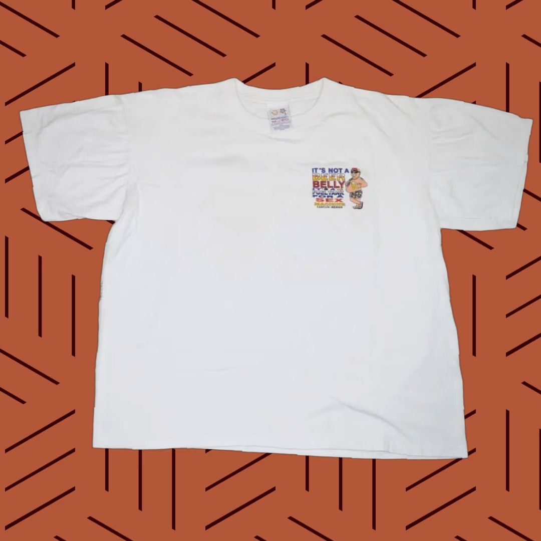 Bell VINTAGE Cancun Beer Belly Sex Machine T-Shirt Men XL White Sun and Beach Parody 90s Shirt Boxy Cropped Fit Mens Size US XL / EU 56 / 4 - 1 Thumbnail