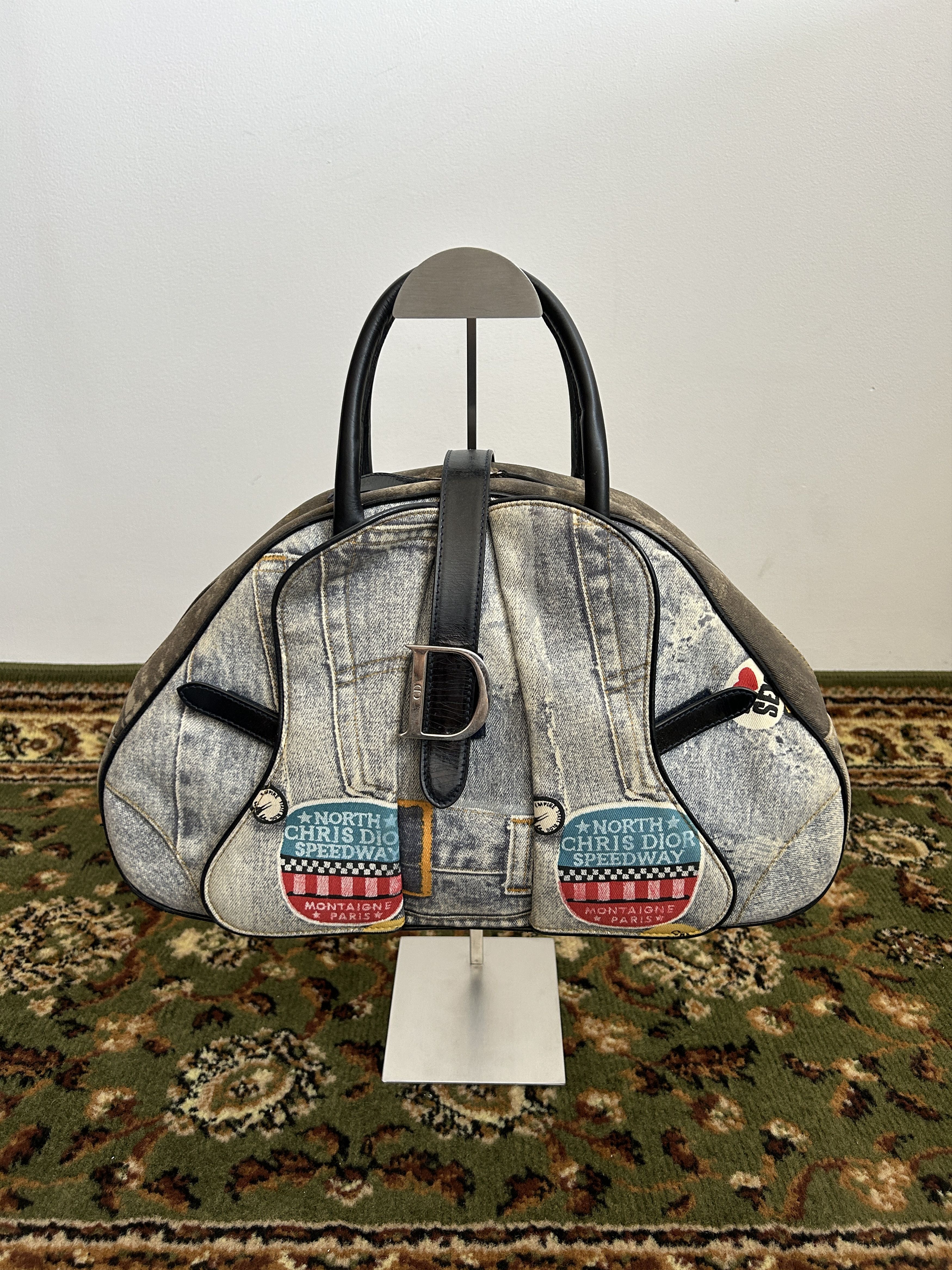 Y2K Dior By John Galliano Double Saddle Denim Bowling Bag in Navy/Black/Gray, Women's