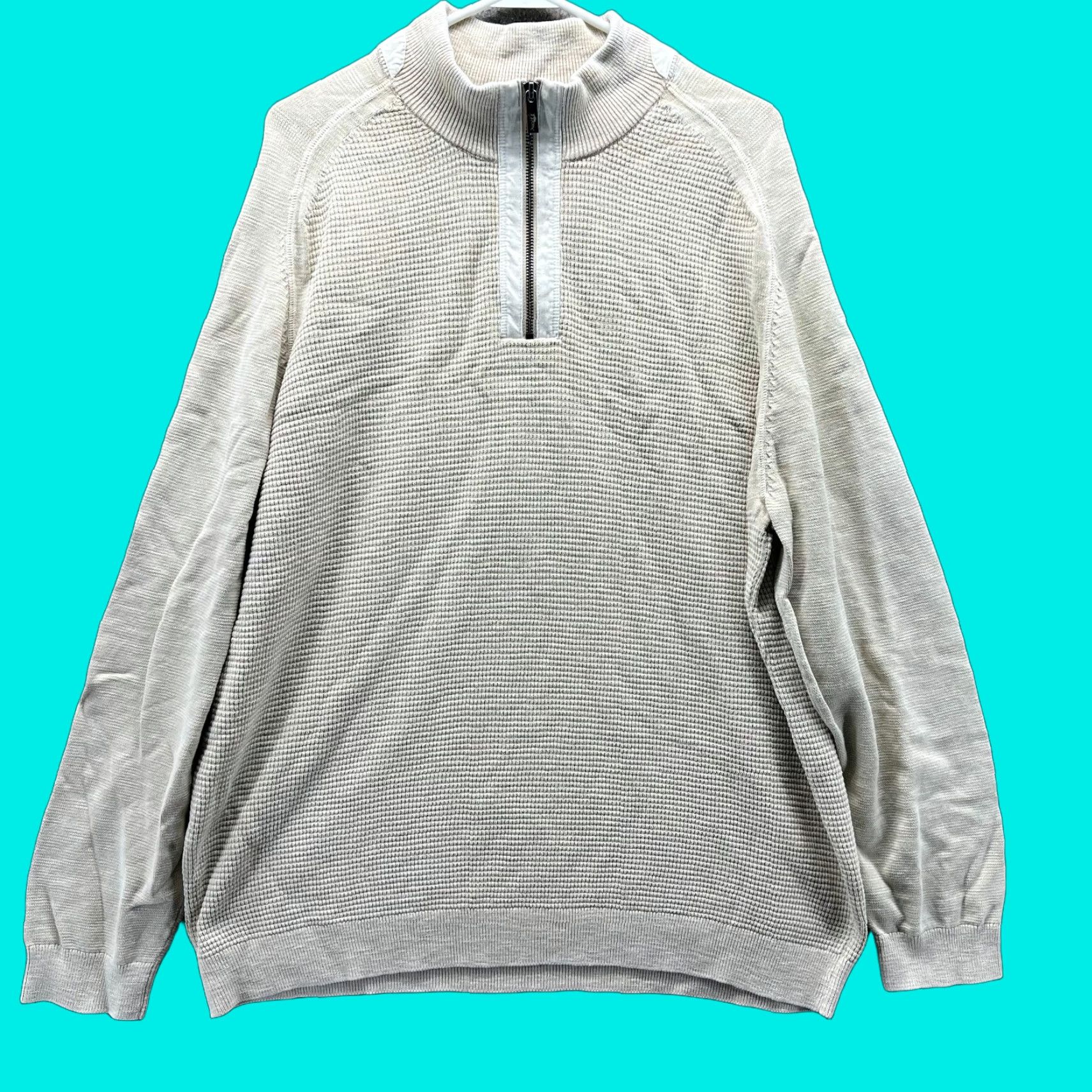 Tommy Bahama Tommy Bahama Sweater Mens XL Beige Quarter Zip Fleece Waffle-Knit Mock Neck Pullover Long Sleeve Size US XL / EU 56 / 4 - 1 Thumbnail