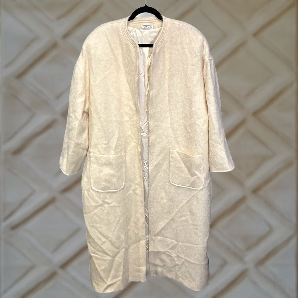 Talbots VINTAGE Talbots Coat Overcoat Women's Wool Cream Long Open Front 80s XL Jacket Style Pocket Padded Shoulders Size XL / US 12-14 / IT 48-50 - 1 Thumbnail