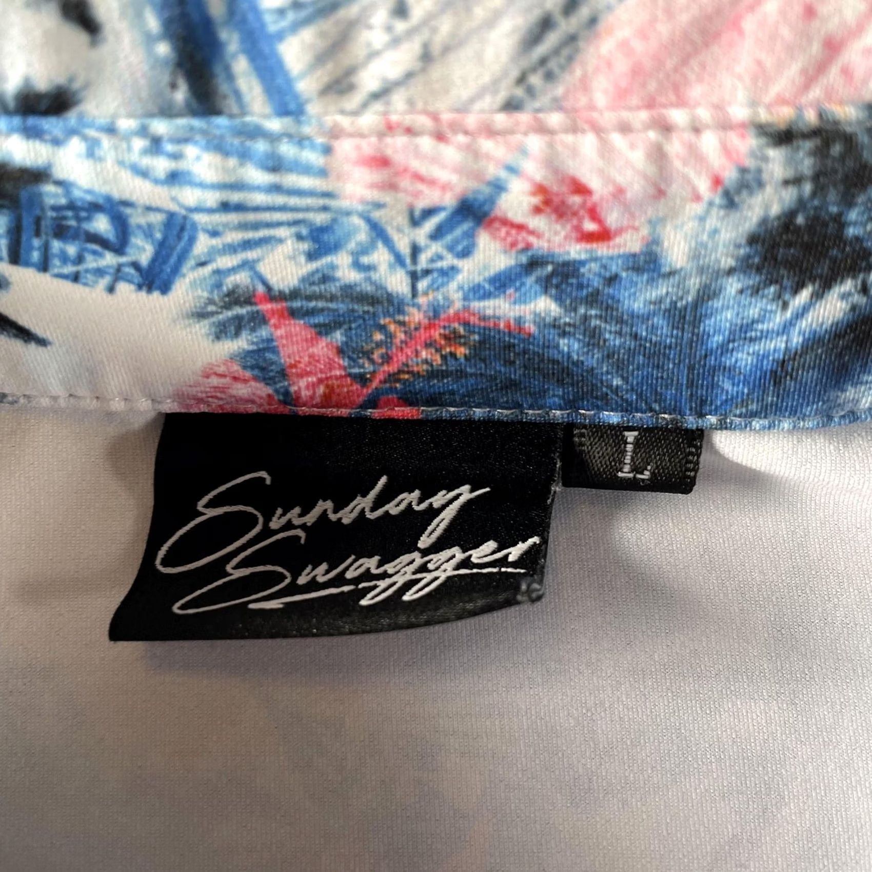 Vintage Sunday Swagger Polo Shirt Mens L Blue Red Tropical Palm Floral Golf Stretch Shirt Size US L / EU 52-54 / 3 - 2 Thumbnail