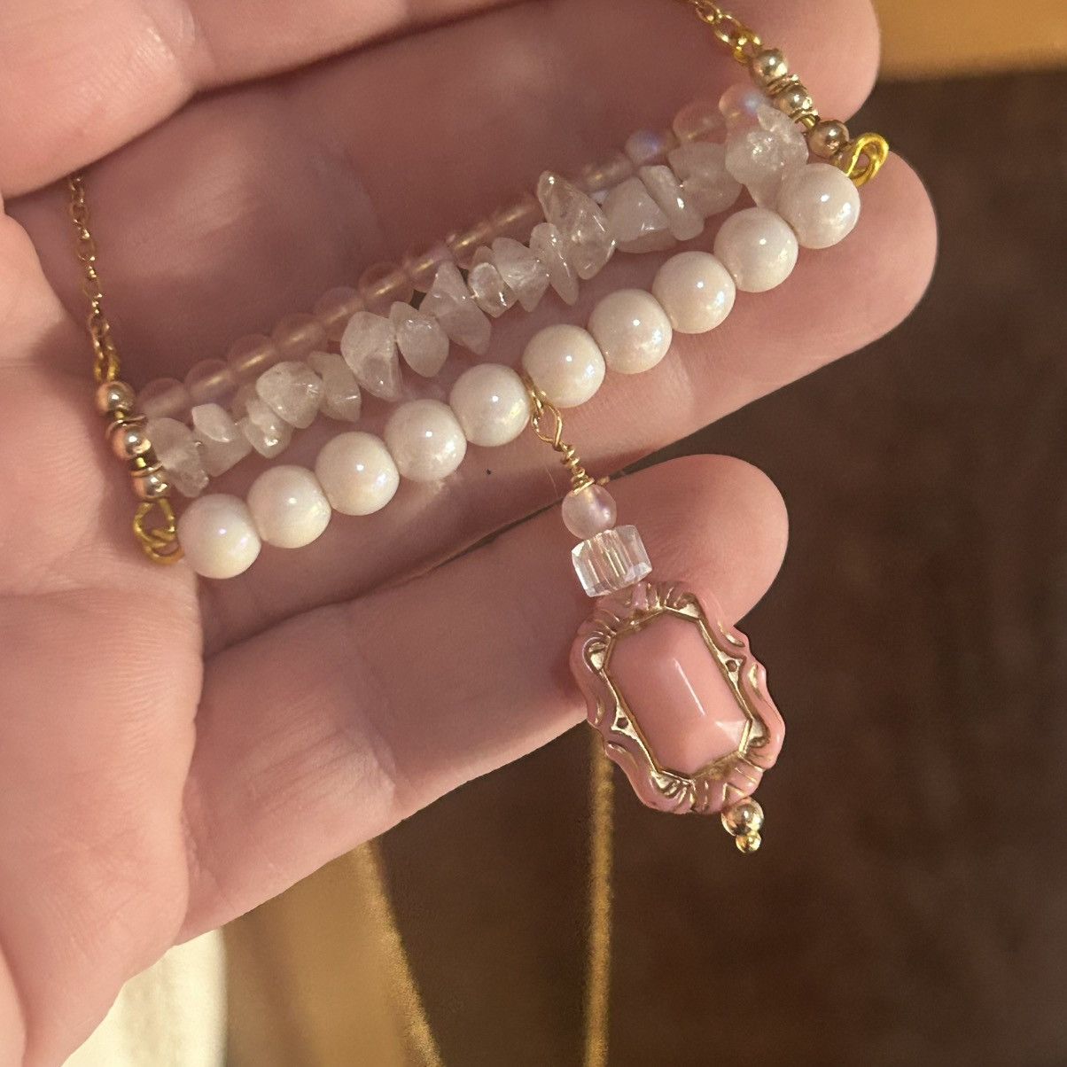 Handmade Handcrafted triple row bar stone rose quartz necklace Size ONE SIZE - 2 Thumbnail