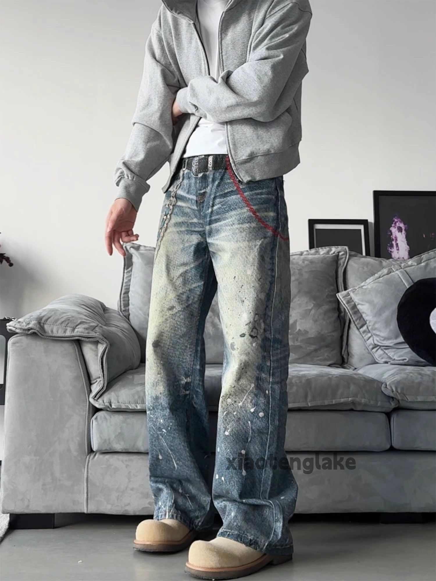 Jean Unisex washed faded print stain paint punk hiphop jeans Size US 28 / EU 44 - 1 Thumbnail