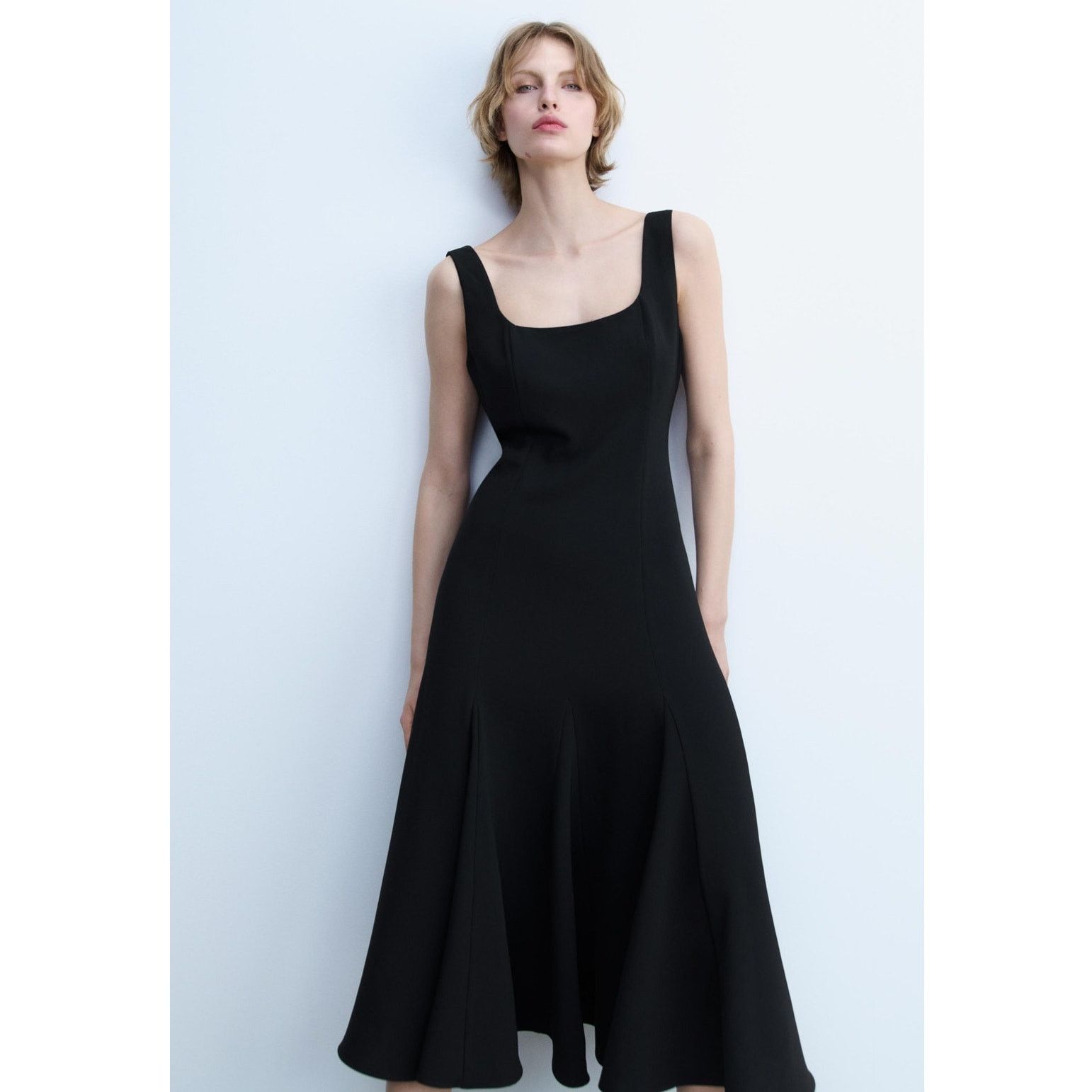 ZARA A-Line Black Midi Dress NWT Square Neck Size L
