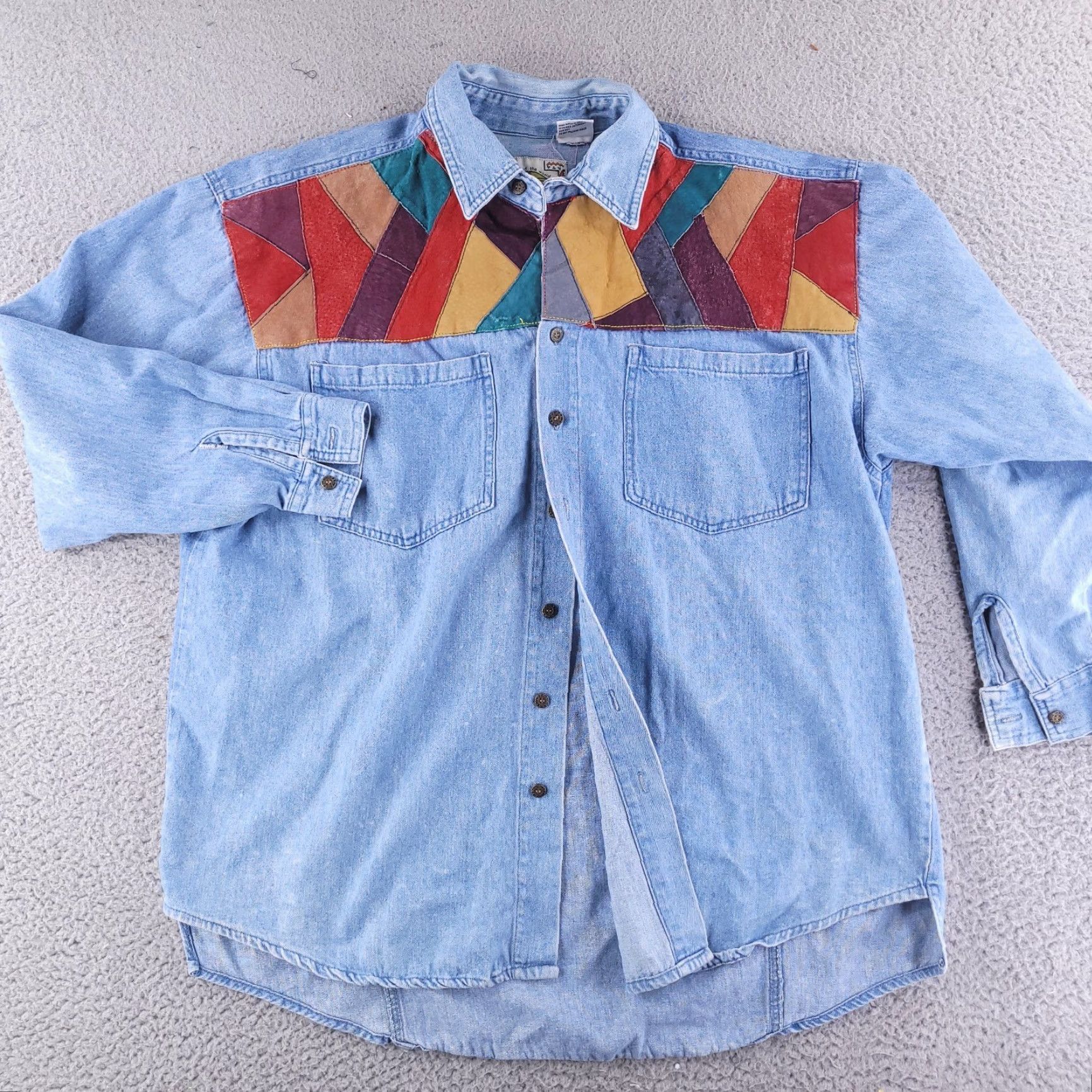 Denime VINTAGE Dont Stop Shirt Mens Medium Blue Denim Jean Long Sleeve Button Leather Patch Geo 70s Cowboy Hippie Hipster Motorcycle Outdoor Tribal Western"} Size US M / EU 48-50 / 2 - 2 Thumbnail