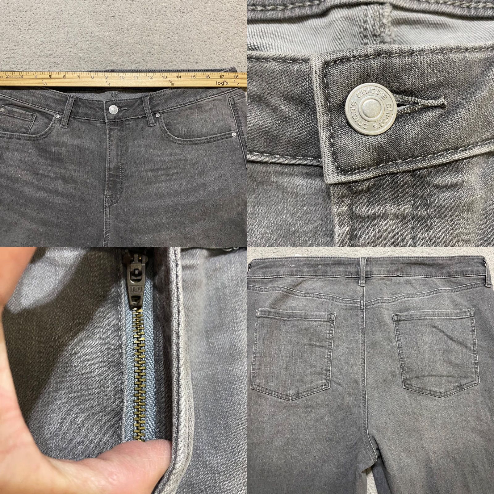 Vintage Chicos Jeans Gray Denim 16P Slim Straight High Rise Petite 5-Pocket Design Medium Wash Women Mens Girls Distress Size 38" / US 16 / IT 52 - 8 Thumbnail