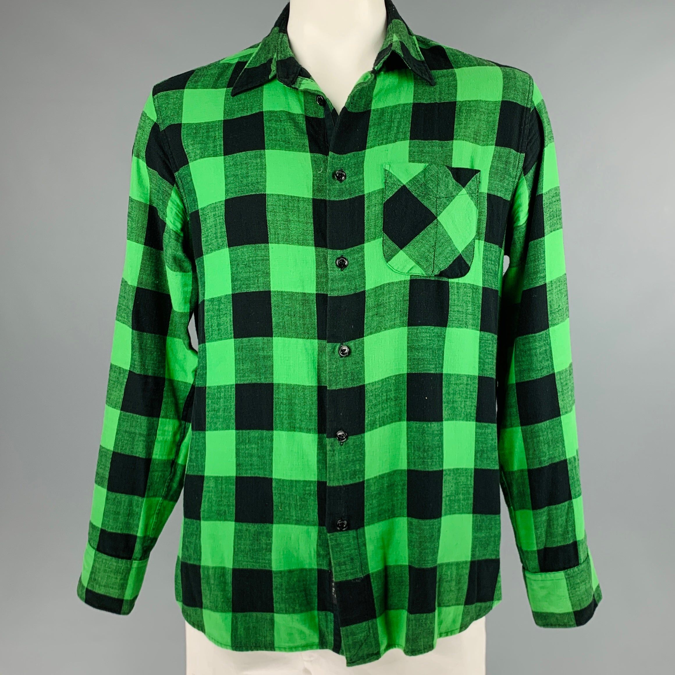 image of Rag Bone Green Black Buffalo Plaid Cotton Long Sleeve Shirt, Men's (Size Large)