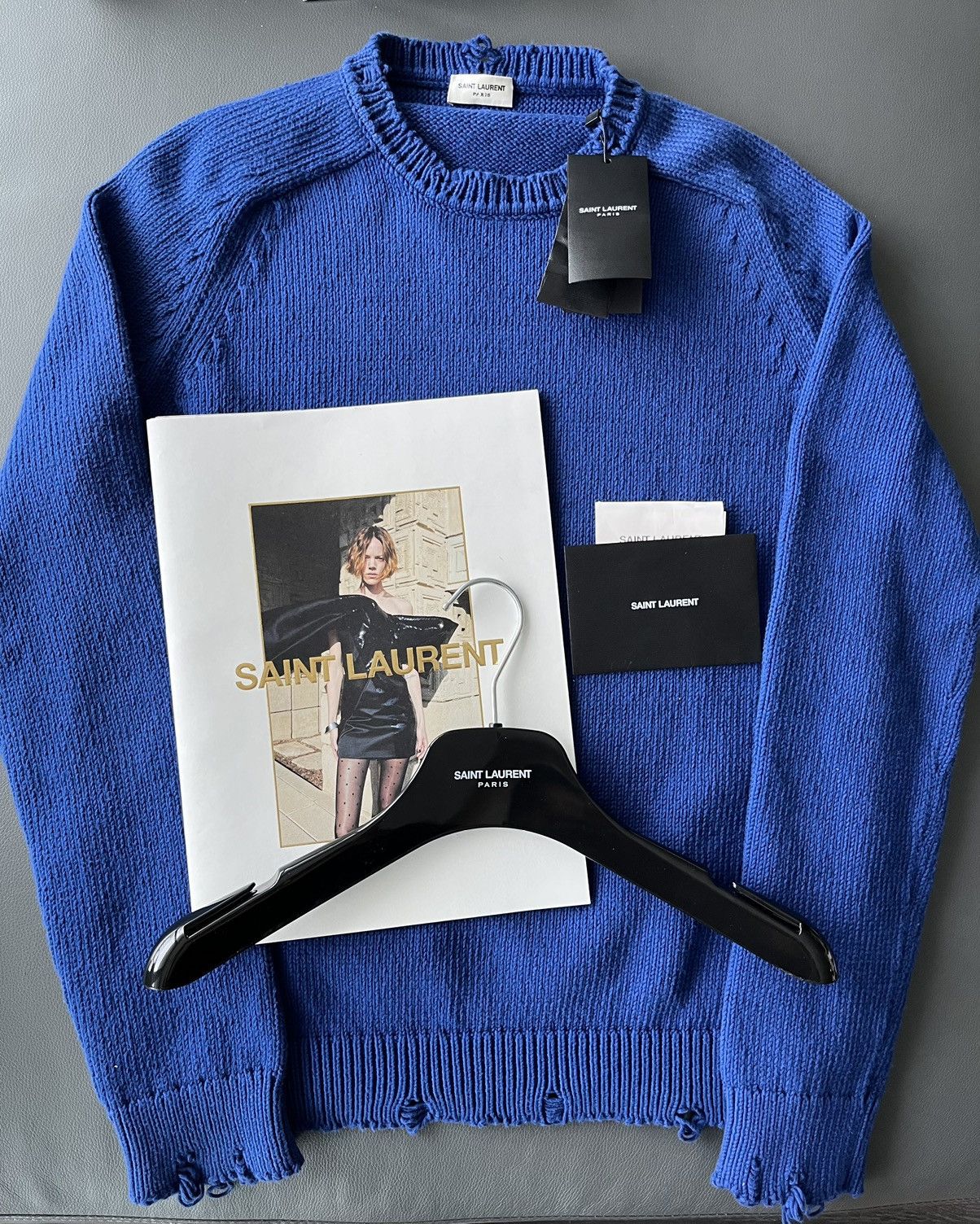 image of Hedi Slimane x Saint Laurent Paris Runway Distressed Ripped Slim Fit Crew Neck in Blue (Size Medium