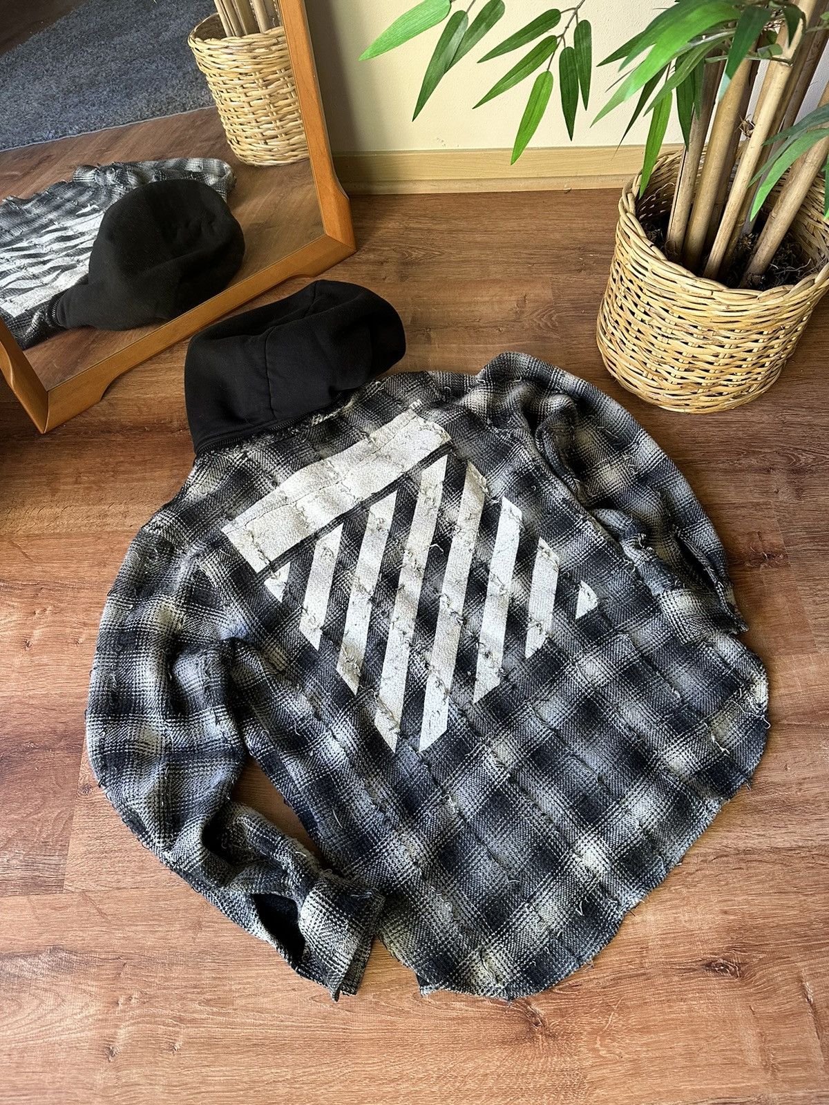 image of Off White Off-White Plaid Flannel Hooded Shirt With Stripes in Grey, Men's (Size Medium)