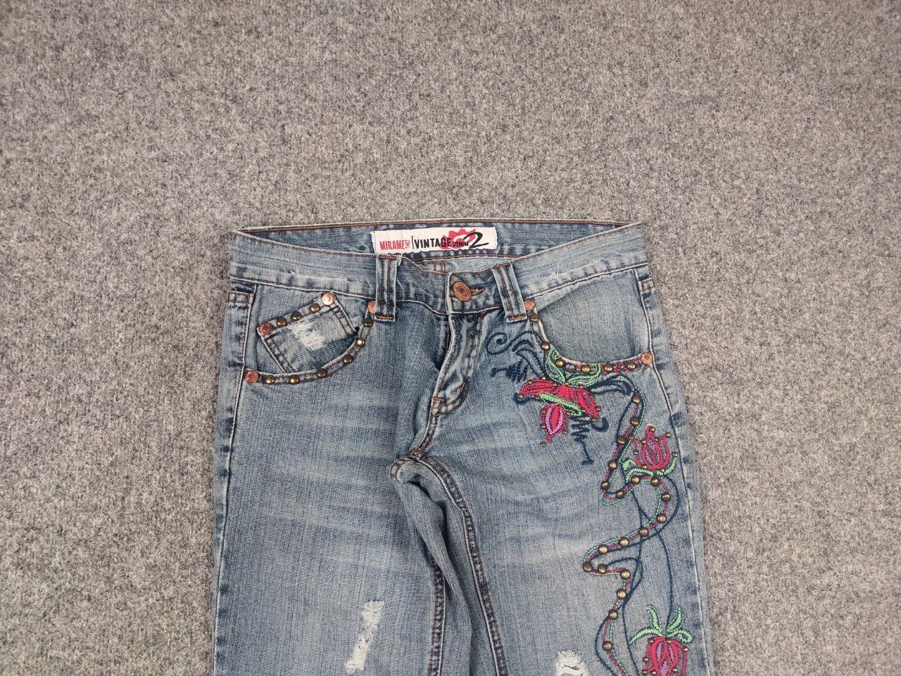 If Six Was Nine Mirame vintage Y2K Style logo Blue Faded denim Flared Jeans Size 31" - 6 Thumbnail