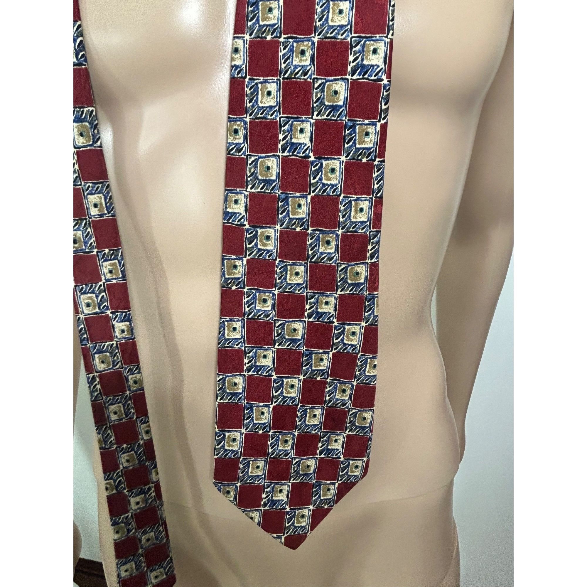Other Today’s Man Silk Tie Vtg 90s Italy Geometric Checkered Burgu Size ONE SIZE - 10 Thumbnail