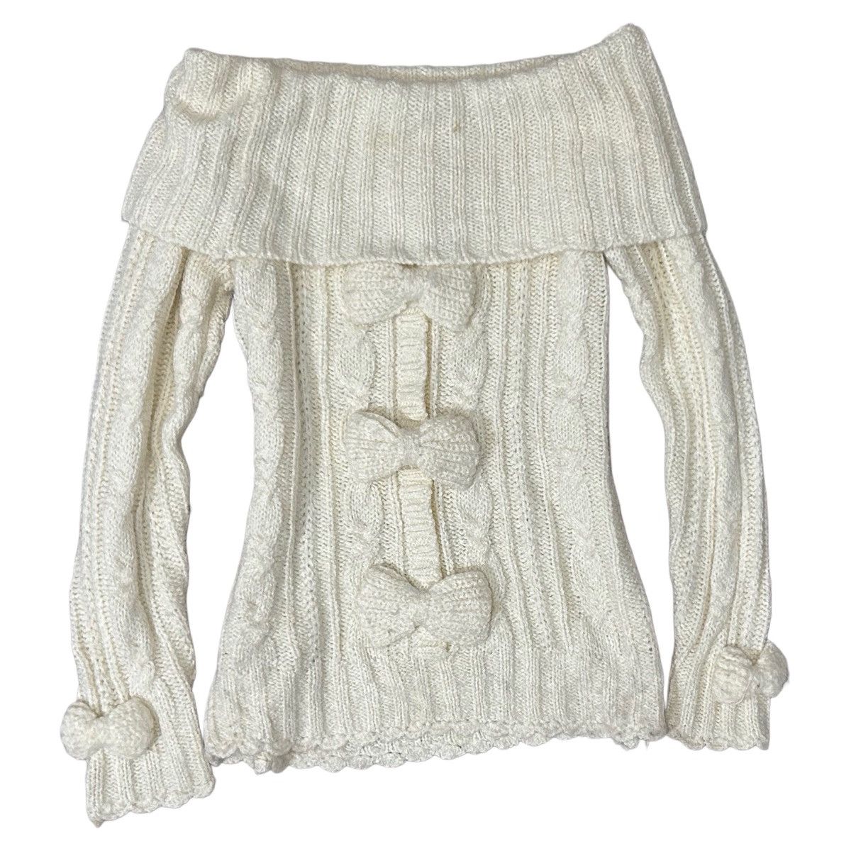 White bows cable knit off-shoulder sweater