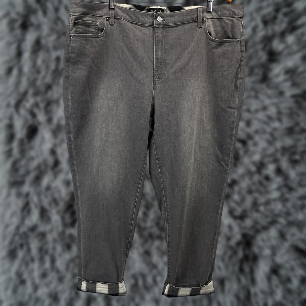 Talbots Talbots Plus Size 22W Gray Straight Jeans with Buffalo Check Cuffs - Womens Size 40" / US 18 - 1 Thumbnail