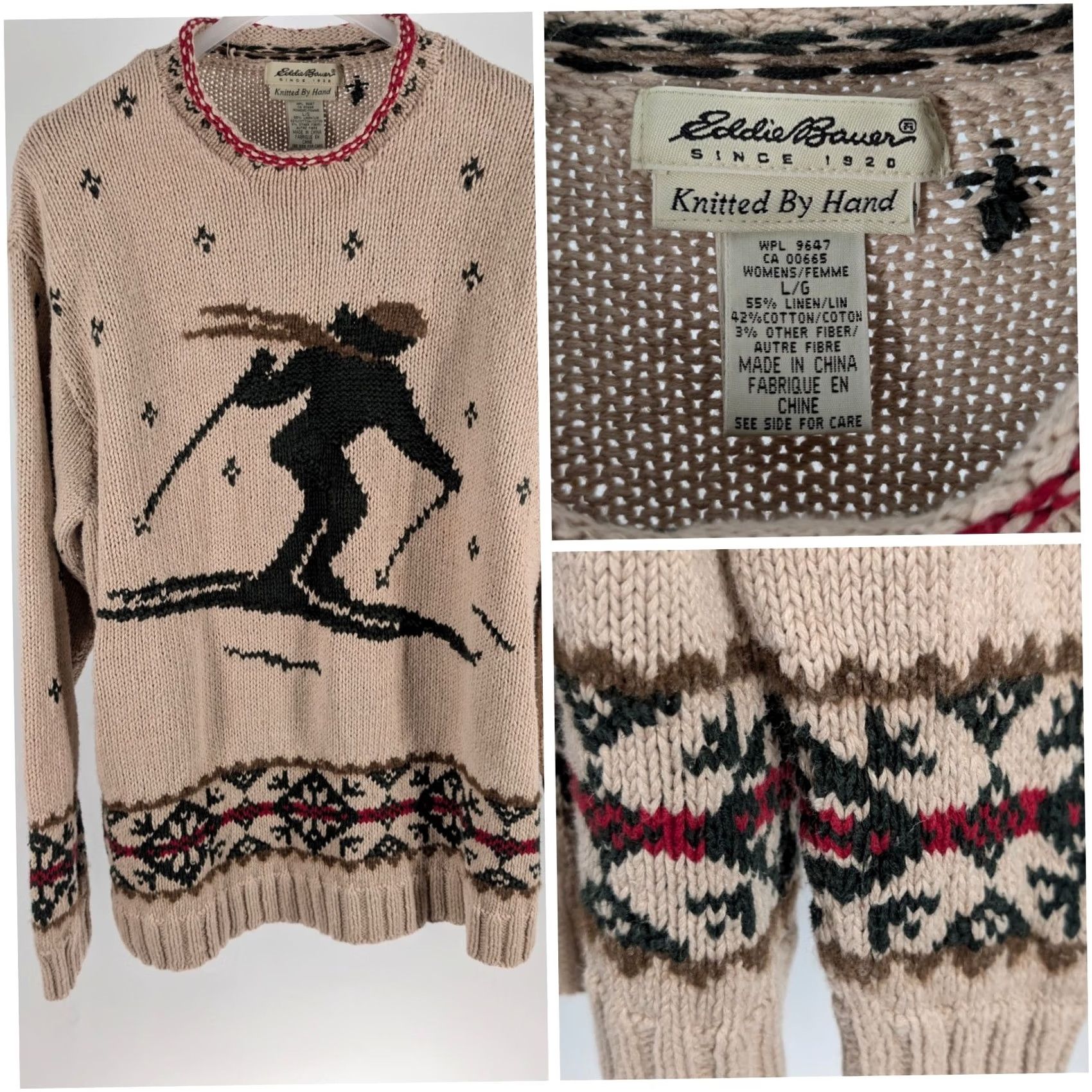 Eddie Bauer VINTAGE Eddie Bauer Skier Hand Knitted Sweater Beige Womens Large L Linen Cotton Pullover 90s 80s Graphic Intarsia Fair Isle Knitwear Size L / US 10 / IT 46 - 2 Thumbnail