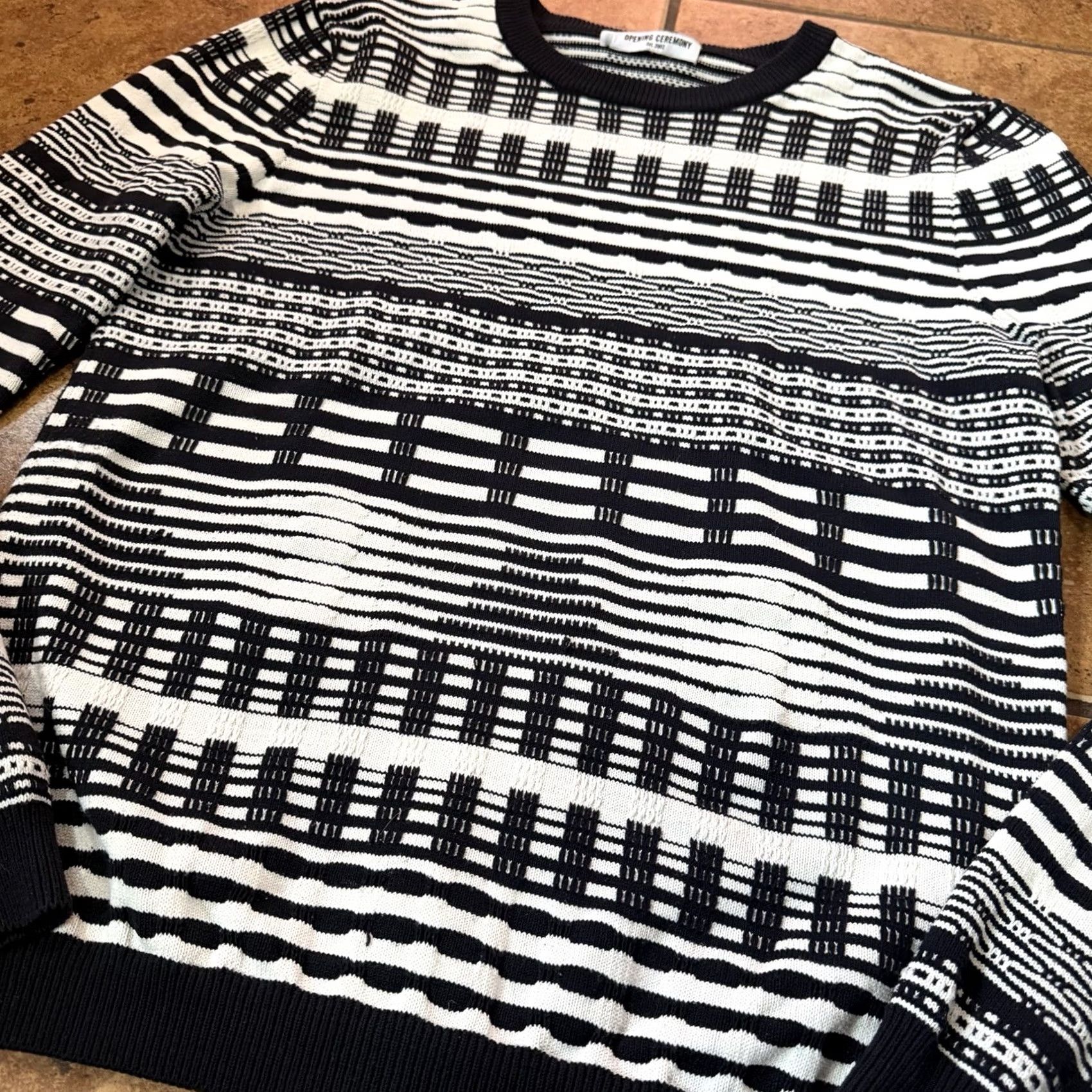 Opening Ceremony OPENING CEREMONY Men's White Striped Knit Sweater Size S Pullover Distressed Black Knit Open Pattern Sweater Mens Size US S / EU 44-46 / 1 - 6 Thumbnail
