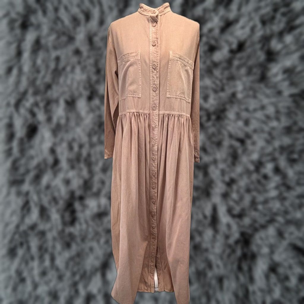 Vintage VINTAGE Bonnie Strauss Canvas Maxi Dress Size 10 Long Sleeve Pink Tan Casual Pockets Womens Size L / US 10 / IT 46 - 1 Thumbnail