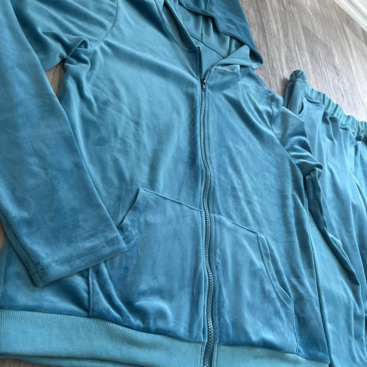 Velour Teal Track Suit Soft Cotton Blend Zip up Jacket Pants M Size M / US 6-8 / IT 42-44 - 6 Thumbnail