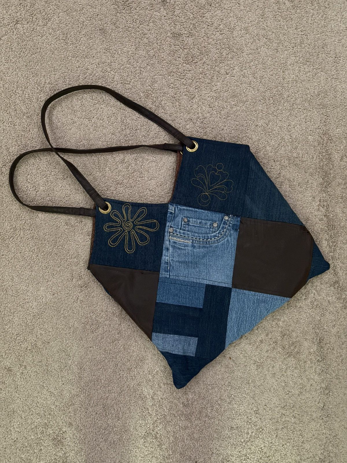 Denim Jean Patchwork Shoulder Tote Bag Handmade Distressed
