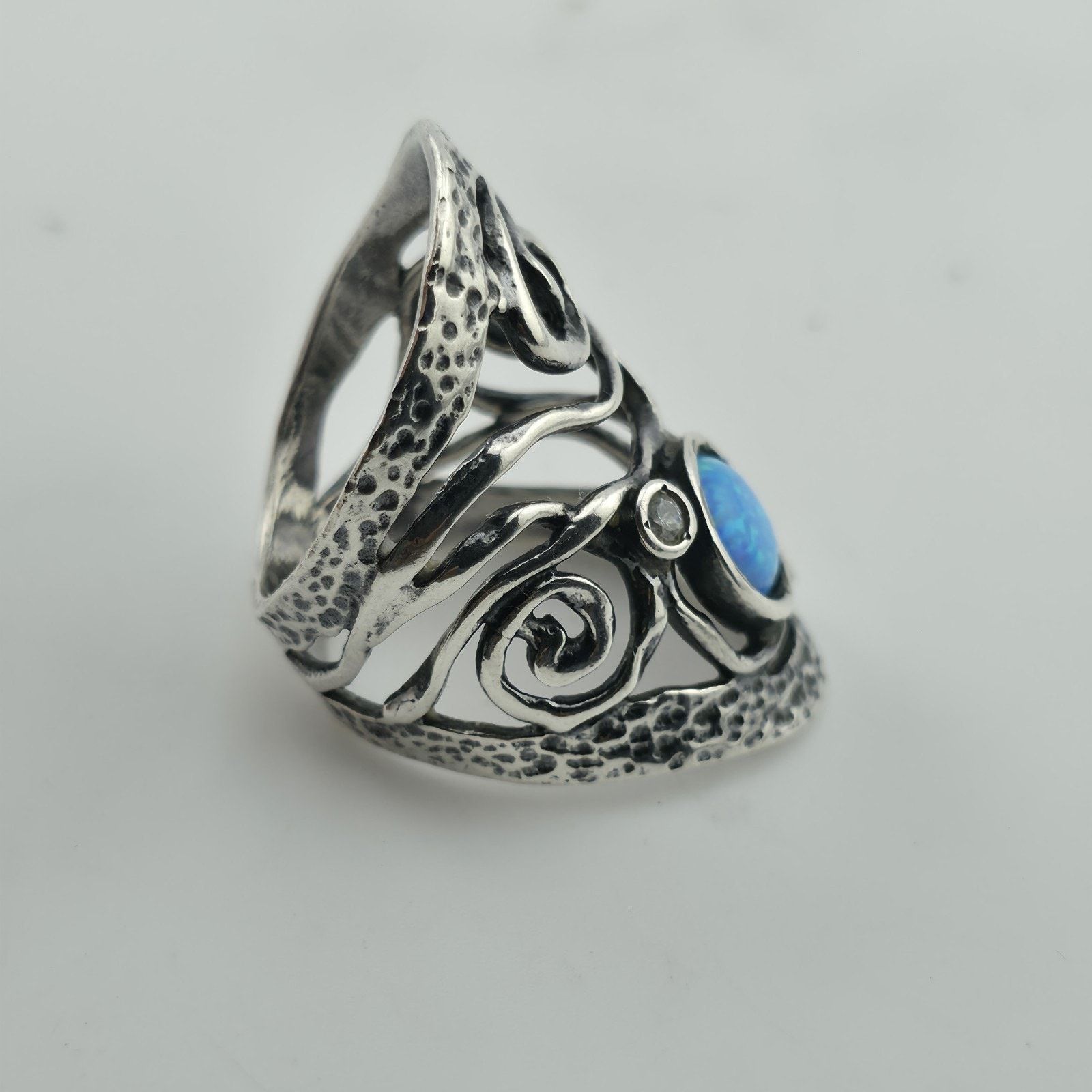 Other Israel Sterling Silver Ring 8 Blue Opal Wide Band Abstract Size ONE SIZE - 4 Thumbnail