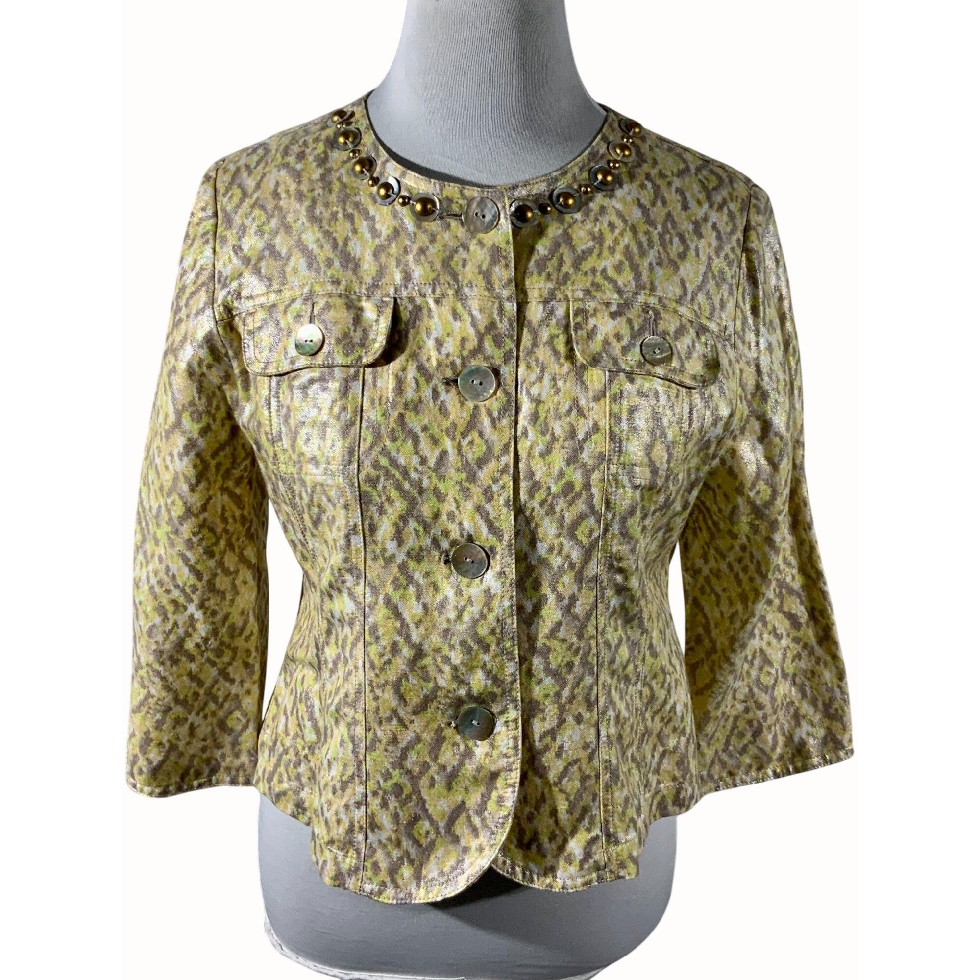 Designer Ruby Rd Petite Tan Animal Print Quarter Sleeve Embellished L Size L / US 10 / IT 46 - 1 Thumbnail